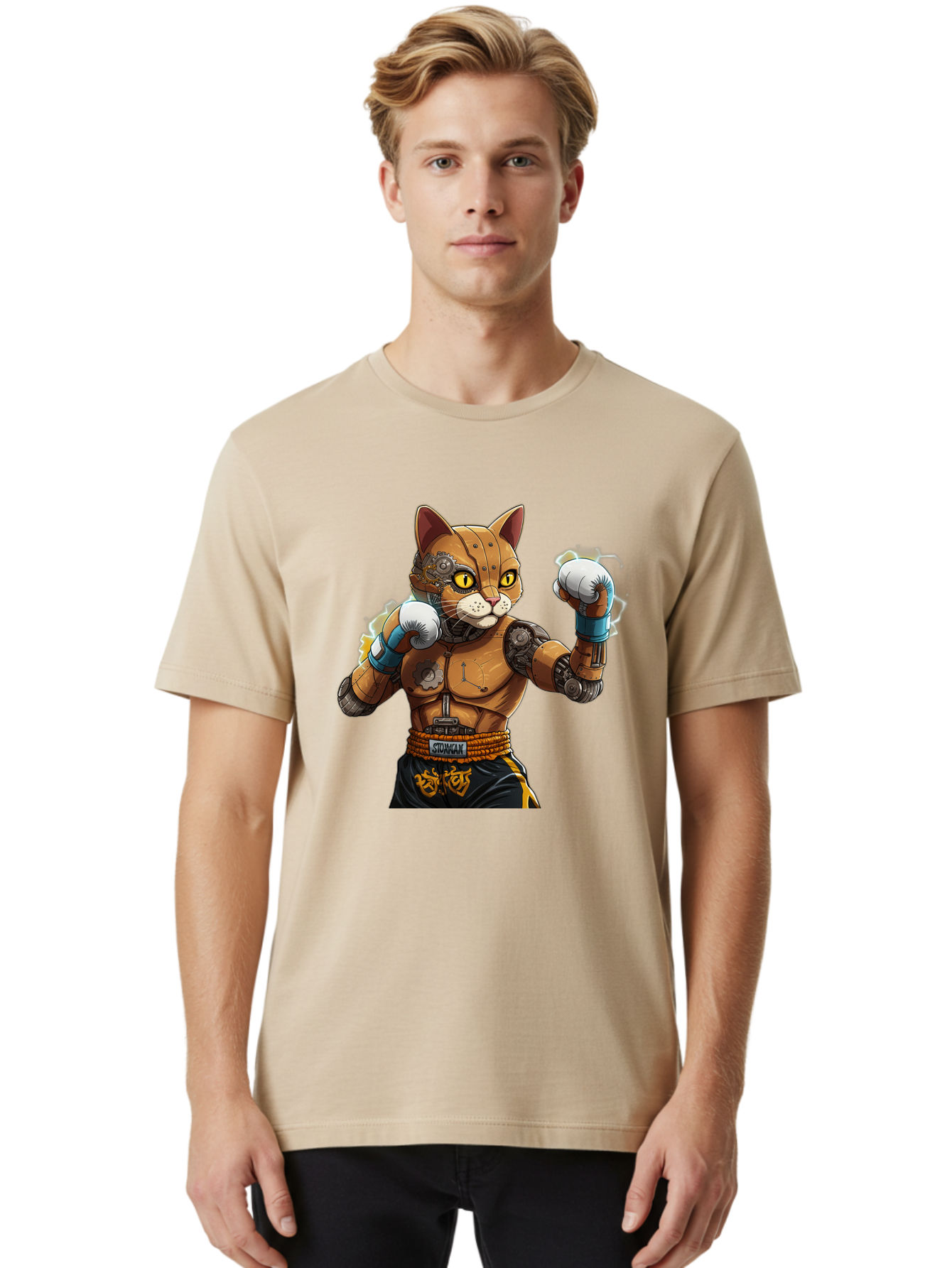 Sworcat Men'S Graphic Tee, 100% Cotton, Comfortable Casual Summer Wear, Machine Washable, Cybernetic Cat, Robotic Feline, Futuristic Illustration, Boxing Cat, Mechanical Cat, Cyberpunk Art, Sci-Fi Creature, Steampunk Cat, Techno Cat, Bae793