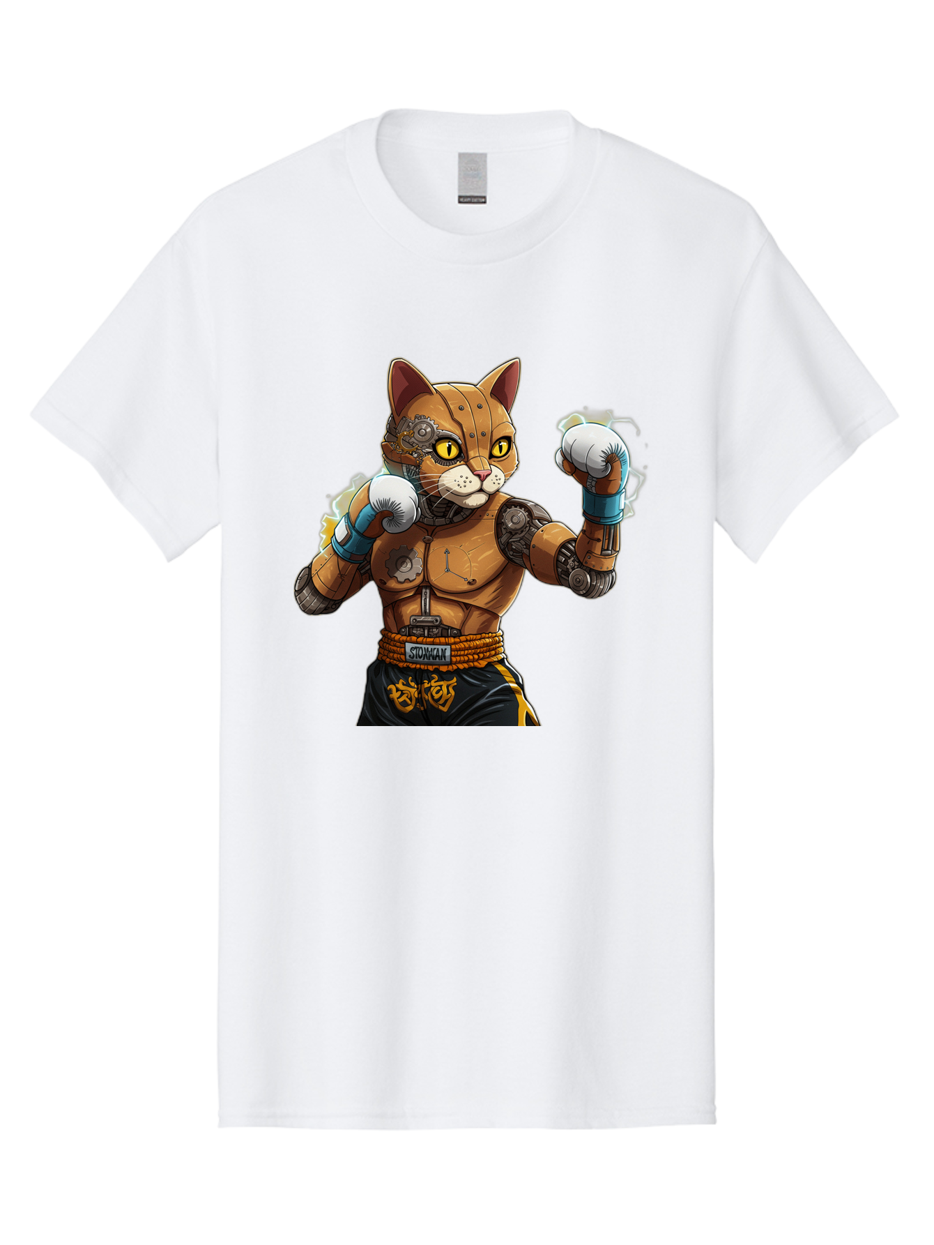 Sworcat Men'S Graphic Tee, 100% Cotton, Comfortable Casual Summer Wear, Machine Washable, Cybernetic Cat, Robotic Feline, Futuristic Illustration, Boxing Cat, Mechanical Cat, Cyberpunk Art, Sci-Fi Creature, Steampunk Cat, Techno Cat, Bae793