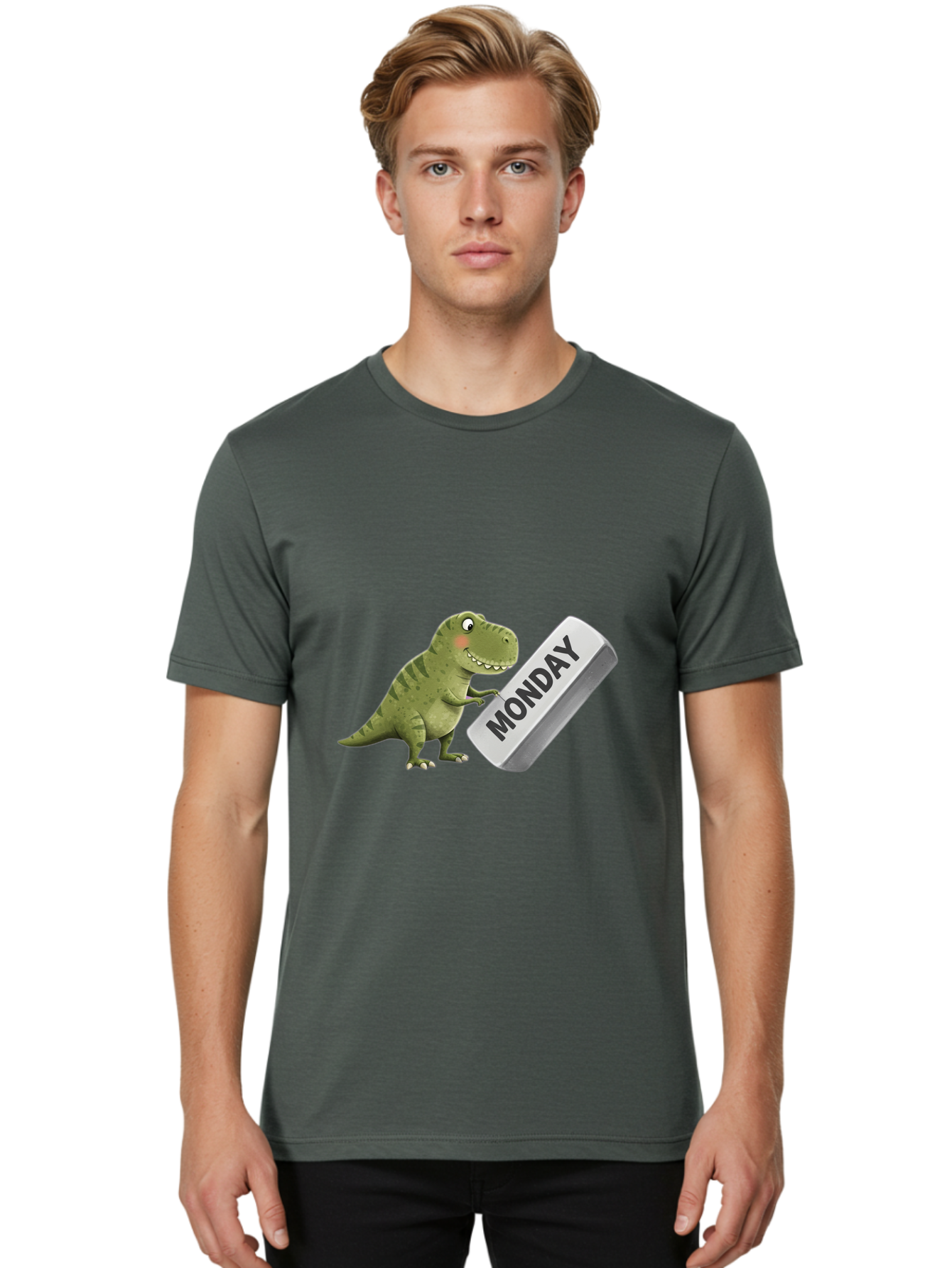 T-Rex-Monday Men'S Graphic Tee, 100% Cotton, Comfortable Casual Summer Wear, Machine Washable, Cartoon Dinosaur Holding 'Monday' Sign, Funny Prehistoric Creature, Humorous Illustration, Monday Motivation, Dino Humor, T-Rex Character Bae794