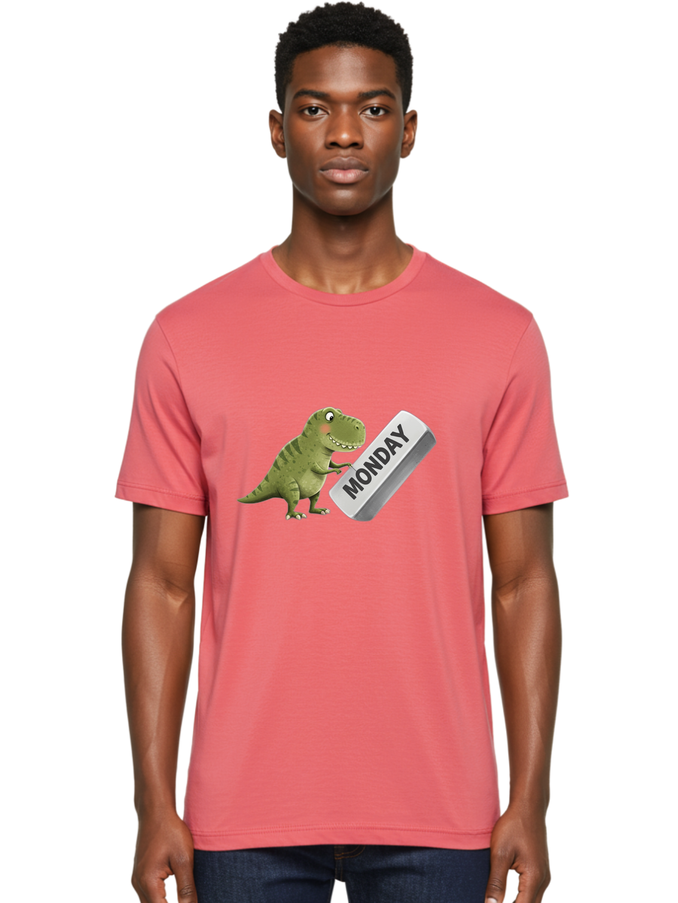 T-Rex-Monday Men'S Graphic Tee, 100% Cotton, Comfortable Casual Summer Wear, Machine Washable, Cartoon Dinosaur Holding 'Monday' Sign, Funny Prehistoric Creature, Humorous Illustration, Monday Motivation, Dino Humor, T-Rex Character Bae794