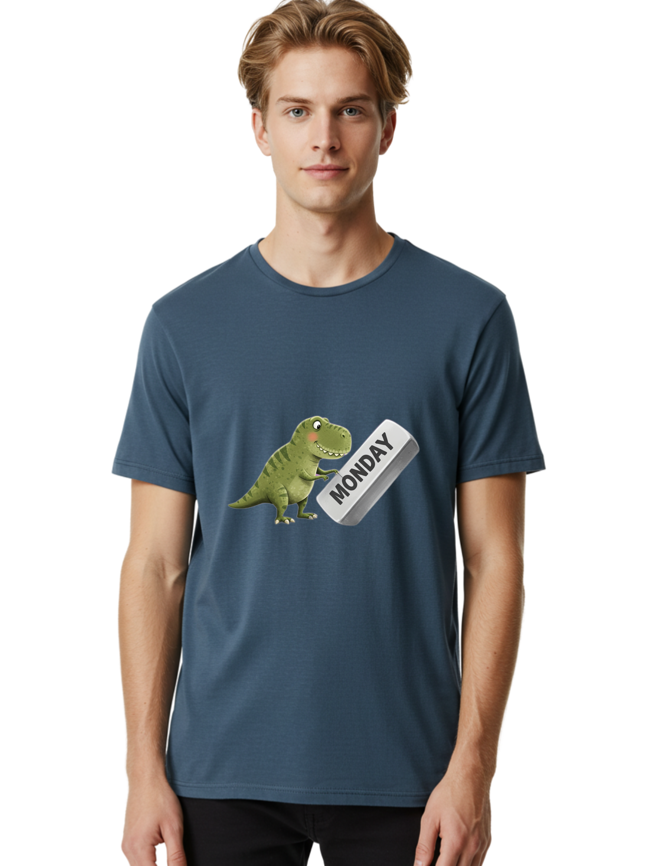 T-Rex-Monday Men'S Graphic Tee, 100% Cotton, Comfortable Casual Summer Wear, Machine Washable, Cartoon Dinosaur Holding 'Monday' Sign, Funny Prehistoric Creature, Humorous Illustration, Monday Motivation, Dino Humor, T-Rex Character Bae794