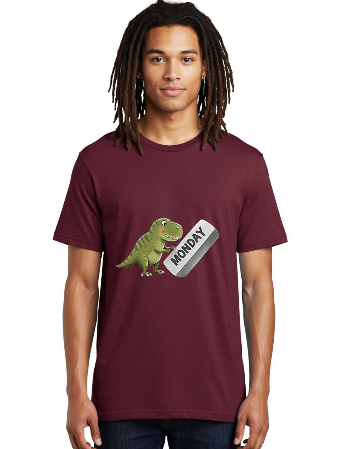 T-Rex-Monday Men'S Graphic Tee, 100% Cotton, Comfortable Casual Summer Wear, Machine Washable, Cartoon Dinosaur Holding 'Monday' Sign, Funny Prehistoric Creature, Humorous Illustration, Monday Motivation, Dino Humor, T-Rex Character Bae794