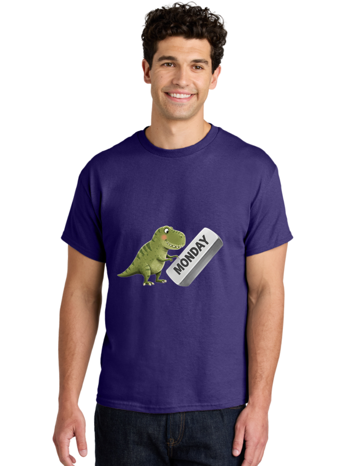 T-Rex-Monday Men'S Graphic Tee, 100% Cotton, Comfortable Casual Summer Wear, Machine Washable, Cartoon Dinosaur Holding 'Monday' Sign, Funny Prehistoric Creature, Humorous Illustration, Monday Motivation, Dino Humor, T-Rex Character Bae794