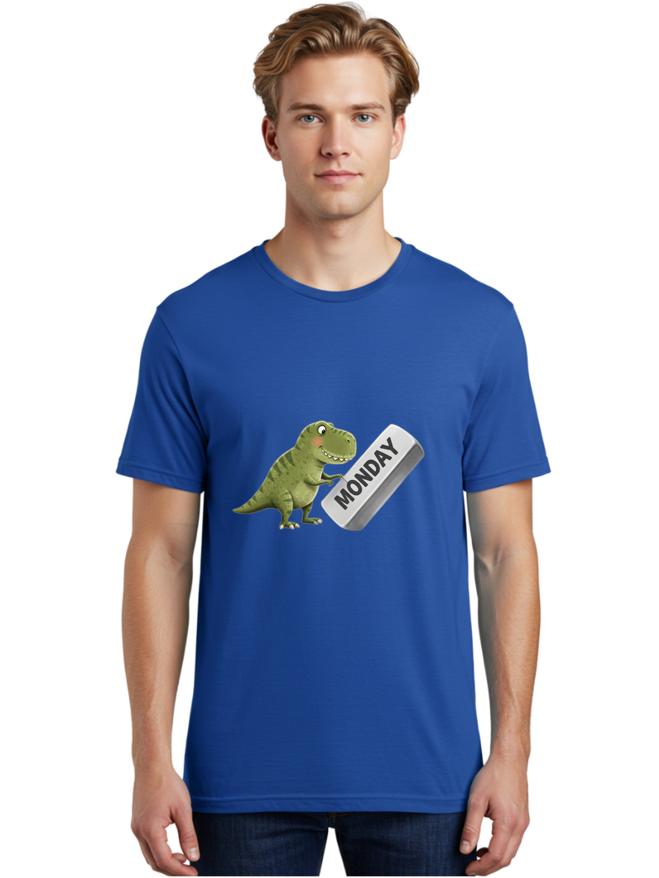 T-Rex-Monday Men'S Graphic Tee, 100% Cotton, Comfortable Casual Summer Wear, Machine Washable, Cartoon Dinosaur Holding 'Monday' Sign, Funny Prehistoric Creature, Humorous Illustration, Monday Motivation, Dino Humor, T-Rex Character Bae794