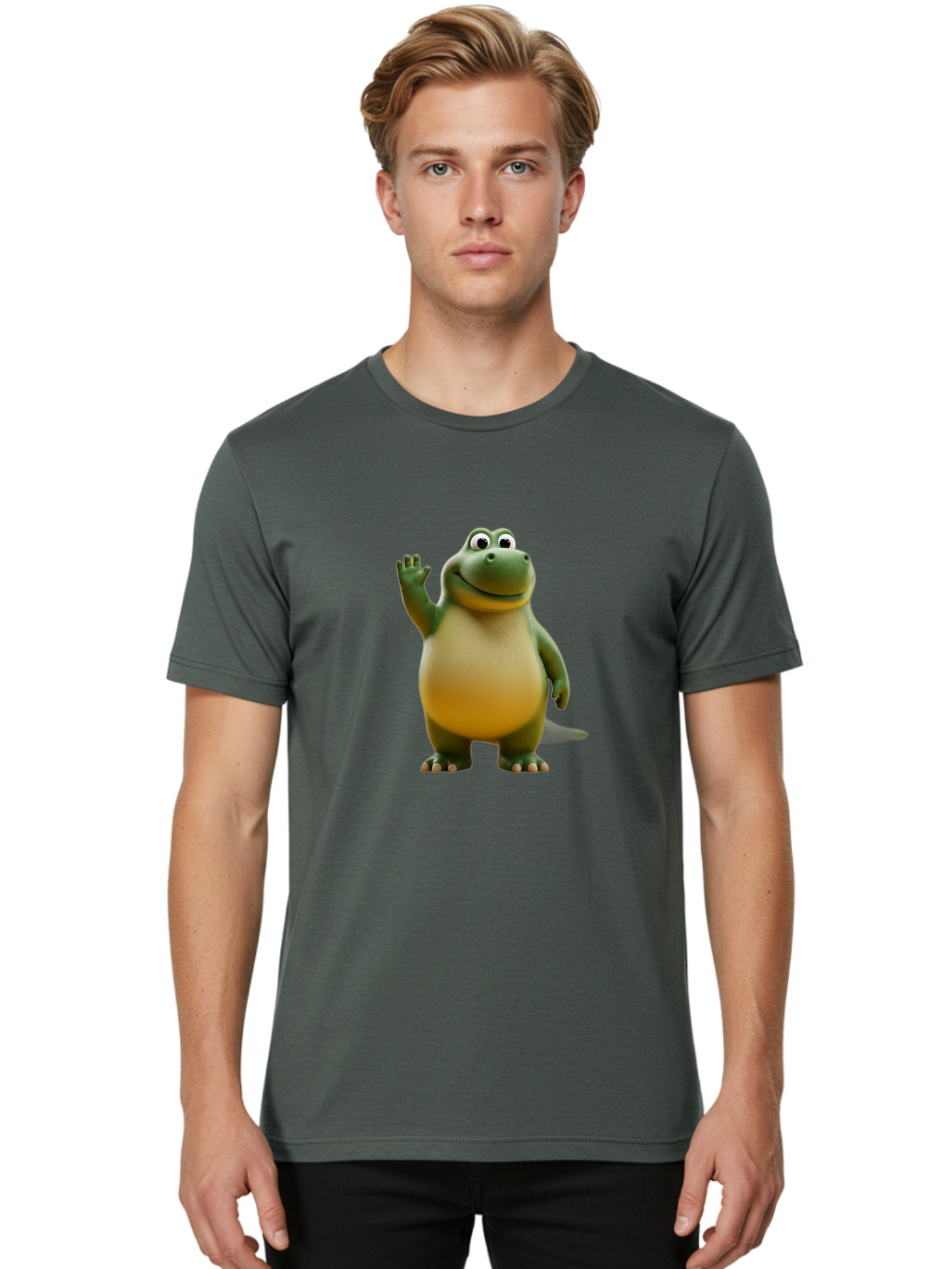 T-Rex Men'S Graphic Tee, 100% Cotton, Comfortable Casual Summer Wear, Machine Washable, Cartoon Dinosaur, Friendly Dinosaur, Waving Dinosaur, Green Dinosaur, Happy Dinosaur, 3D Illustration, Cheerful Character, Prehistoric Creature, Bae795