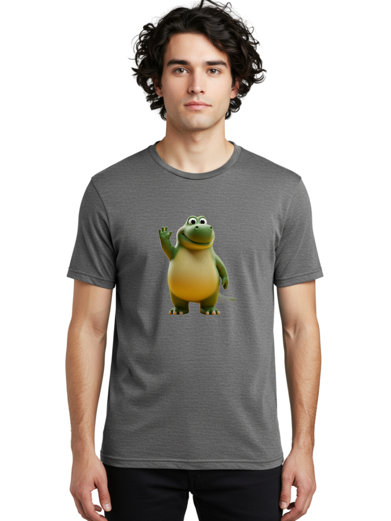 T-Rex Men'S Graphic Tee, 100% Cotton, Comfortable Casual Summer Wear, Machine Washable, Cartoon Dinosaur, Friendly Dinosaur, Waving Dinosaur, Green Dinosaur, Happy Dinosaur, 3D Illustration, Cheerful Character, Prehistoric Creature, Bae795