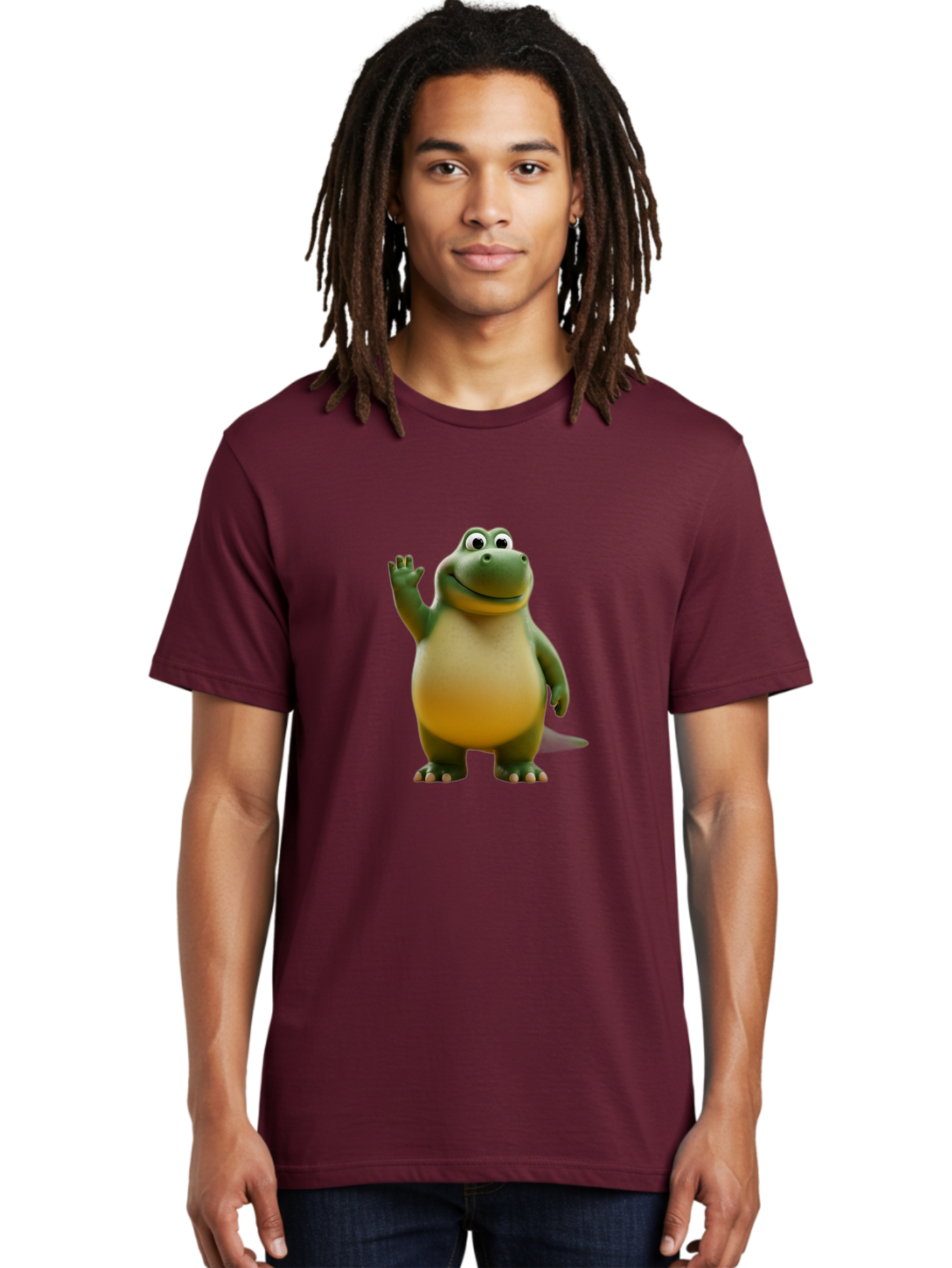 T-Rex Men'S Graphic Tee, 100% Cotton, Comfortable Casual Summer Wear, Machine Washable, Cartoon Dinosaur, Friendly Dinosaur, Waving Dinosaur, Green Dinosaur, Happy Dinosaur, 3D Illustration, Cheerful Character, Prehistoric Creature, Bae795