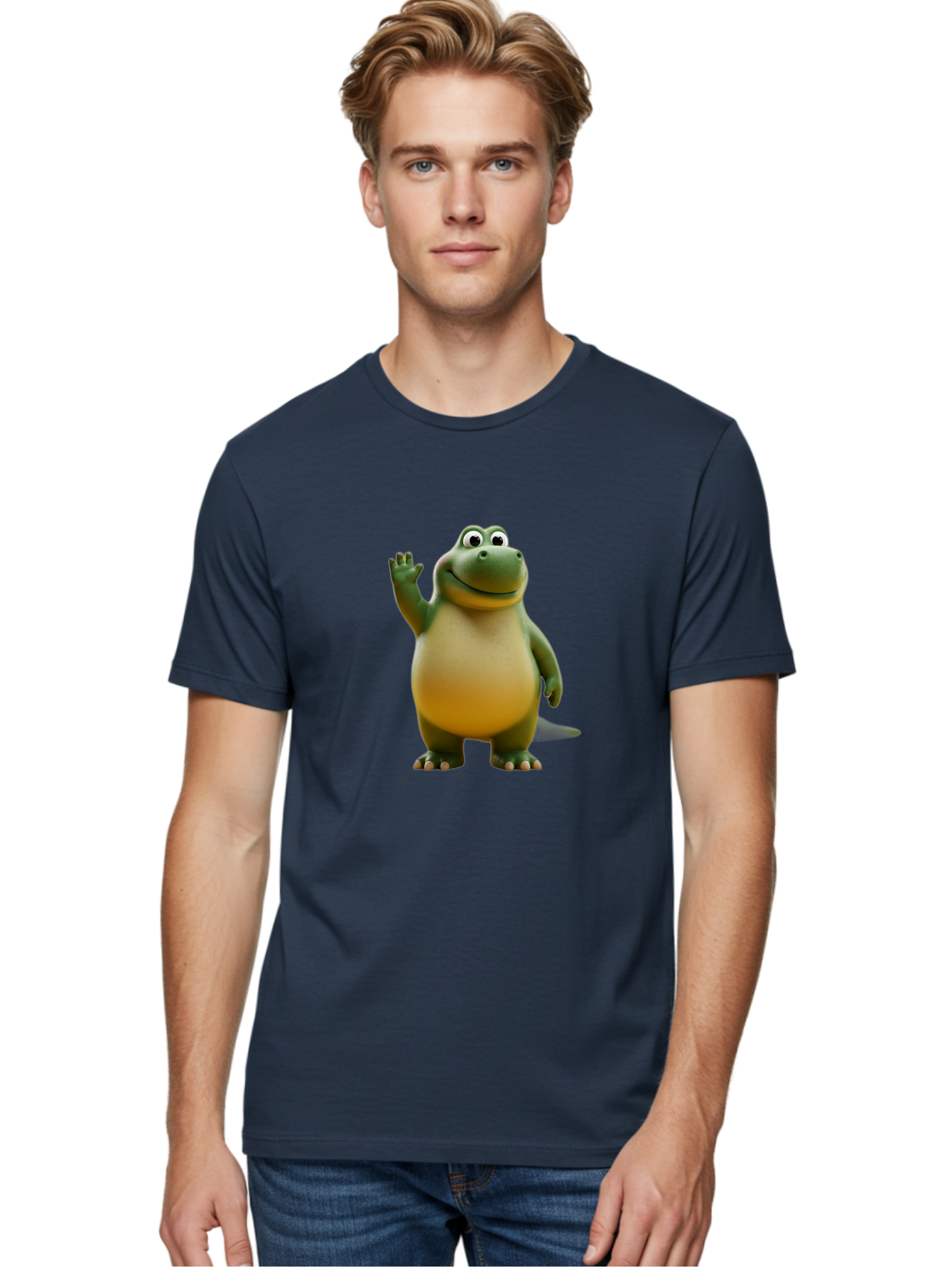 T-Rex Men'S Graphic Tee, 100% Cotton, Comfortable Casual Summer Wear, Machine Washable, Cartoon Dinosaur, Friendly Dinosaur, Waving Dinosaur, Green Dinosaur, Happy Dinosaur, 3D Illustration, Cheerful Character, Prehistoric Creature, Bae795