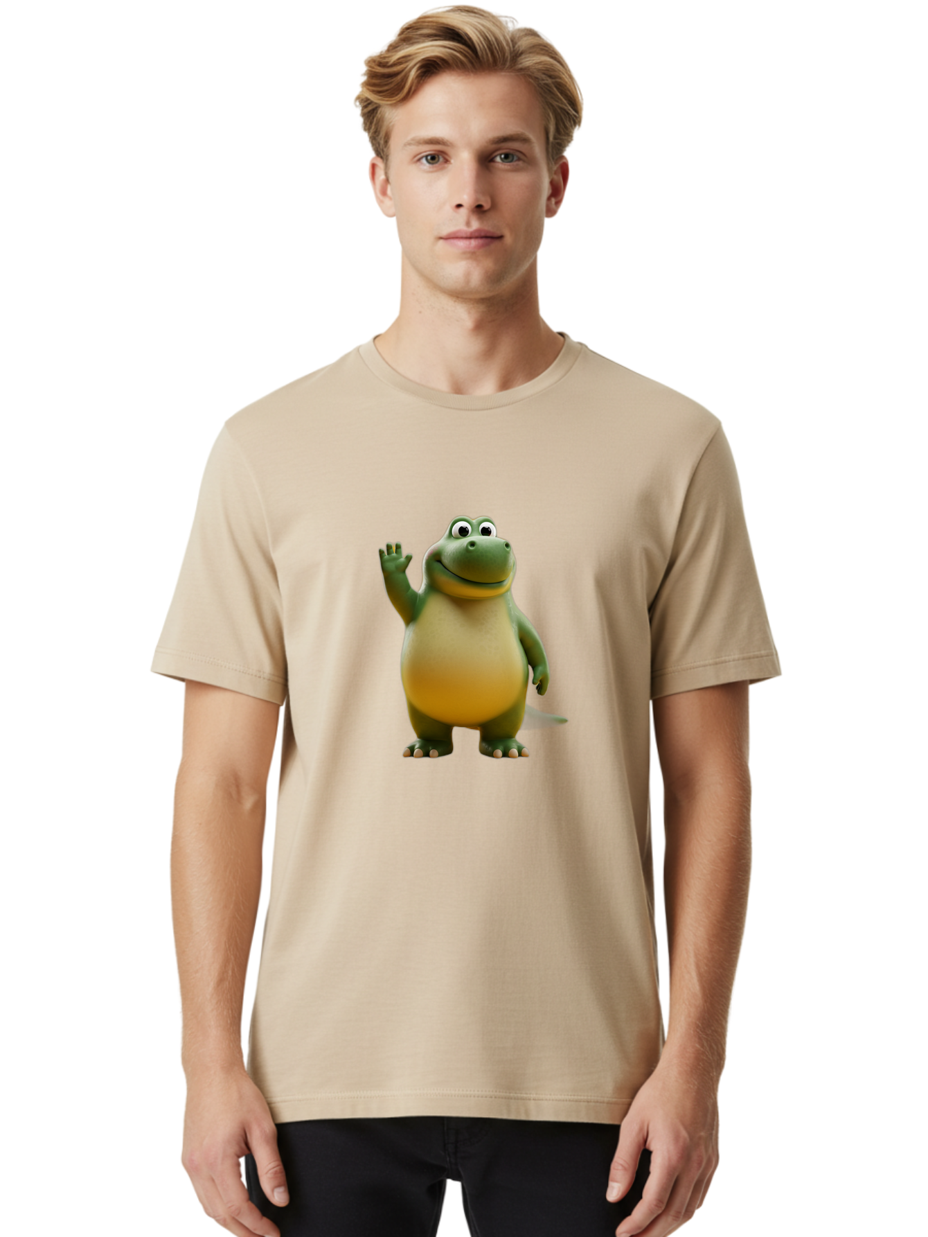 T-Rex Men'S Graphic Tee, 100% Cotton, Comfortable Casual Summer Wear, Machine Washable, Cartoon Dinosaur, Friendly Dinosaur, Waving Dinosaur, Green Dinosaur, Happy Dinosaur, 3D Illustration, Cheerful Character, Prehistoric Creature, Bae795