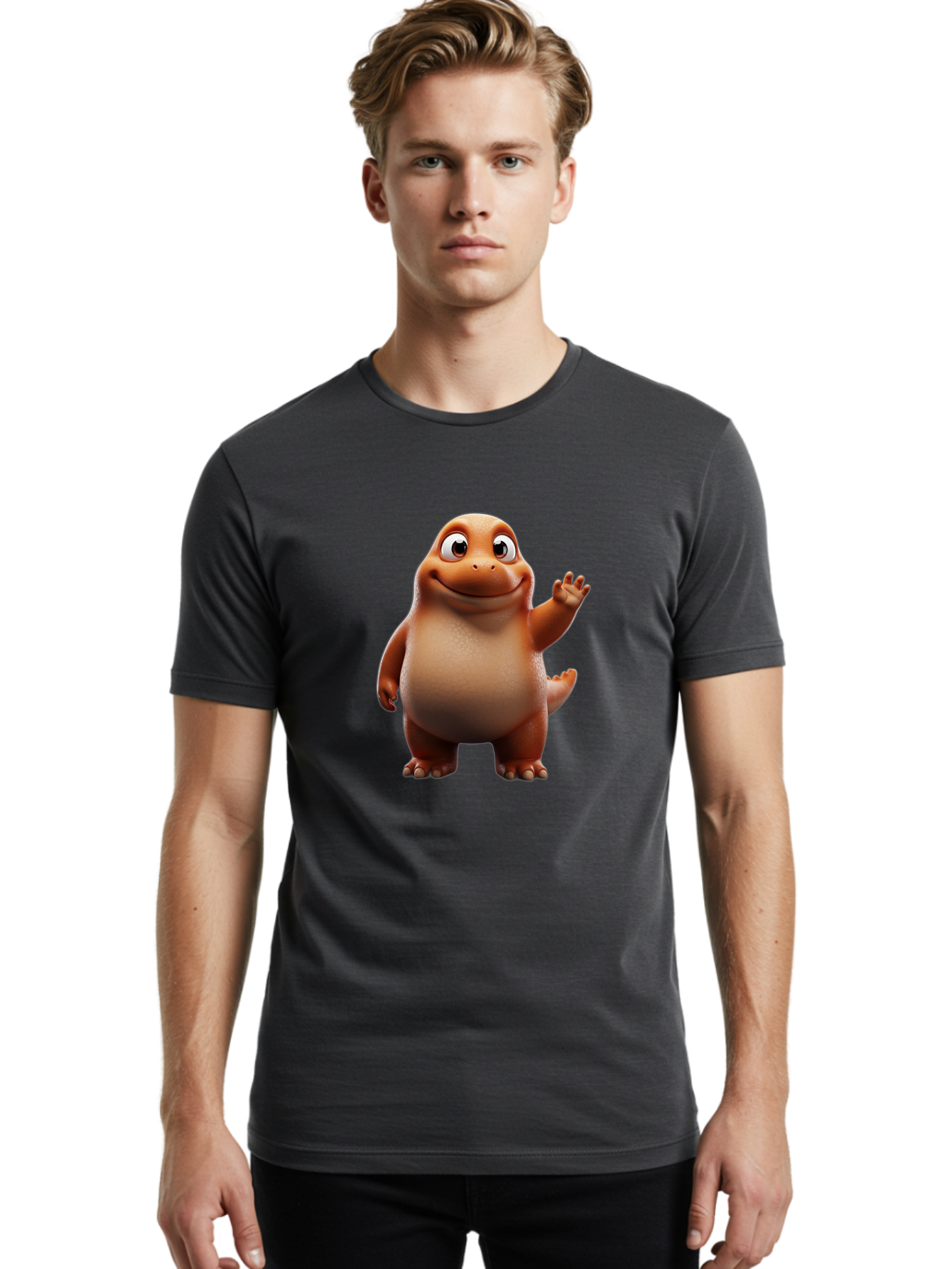 The-Good-Dinosaur Men'S Graphic Tee, 100% Cotton, Comfortable Casual Summer Wear, Machine Washable, Cartoon Dinosaur, Friendly Character, Smiling T-Rex, Animated Creature, Waving Hand, Children'S Entertainment, Prehistoric Animal, Bae797