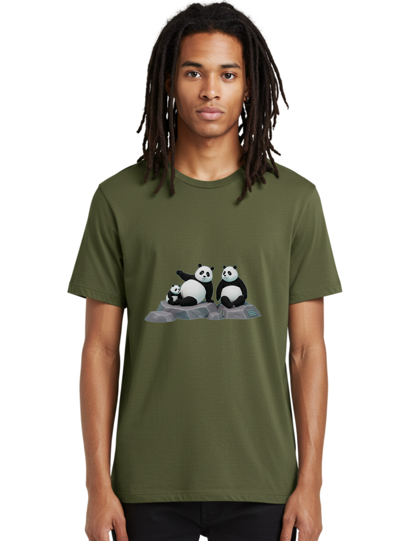 Three-Pandas-1 Men'S Graphic Tee, 100% Cotton, Comfortable Casual Summer Wear, Machine Washable, Kung Fu Panda, Po, Pandas On Rocks, Three Pandas, Black And White Pandas, Cartoon Characters, 3D Graphics, Animated Movie, Action Poses, Bae798
