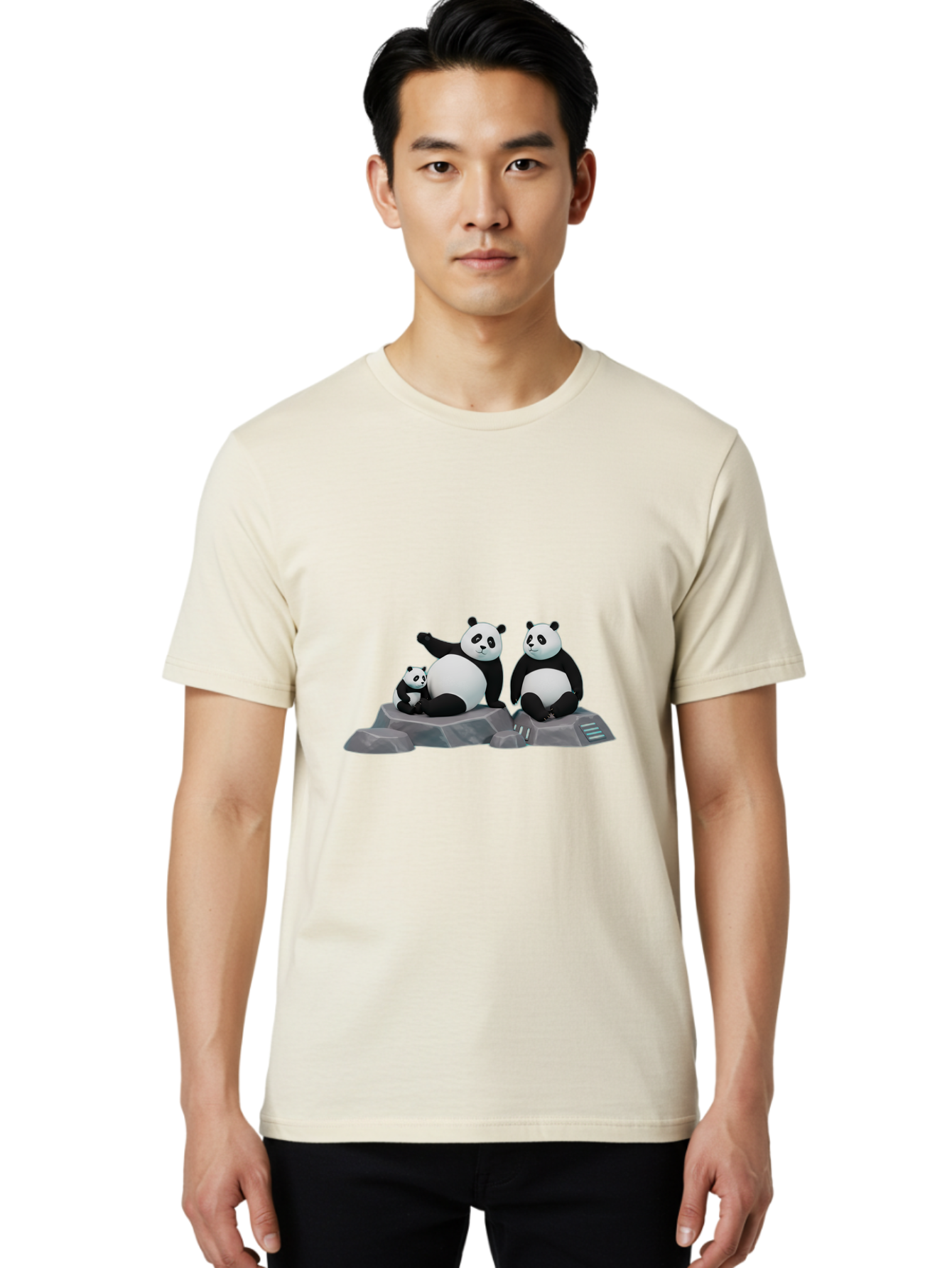 Three-Pandas-1 Men'S Graphic Tee, 100% Cotton, Comfortable Casual Summer Wear, Machine Washable, Kung Fu Panda, Po, Pandas On Rocks, Three Pandas, Black And White Pandas, Cartoon Characters, 3D Graphics, Animated Movie, Action Poses, Bae798