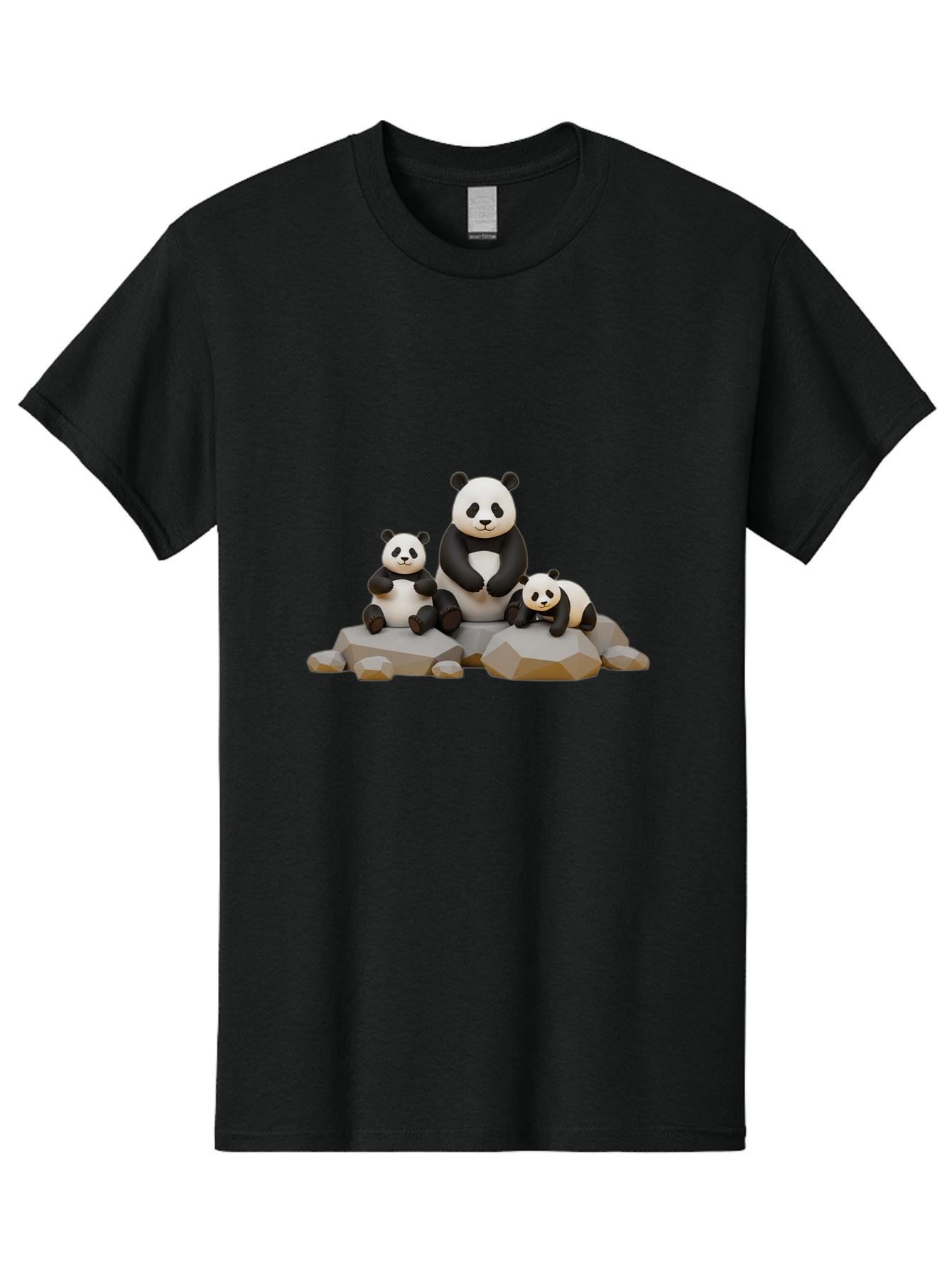 Three-Pandas Men'S Graphic Tee, 100% Cotton, Comfortable Casual Summer Wear, Machine Washable, Three Pandas Sitting On Rocks, Cute Pandas, Adorable Animals, Cartoon Style, 3D Rendering, Panda Family, Wildlife Illustration, Bae799