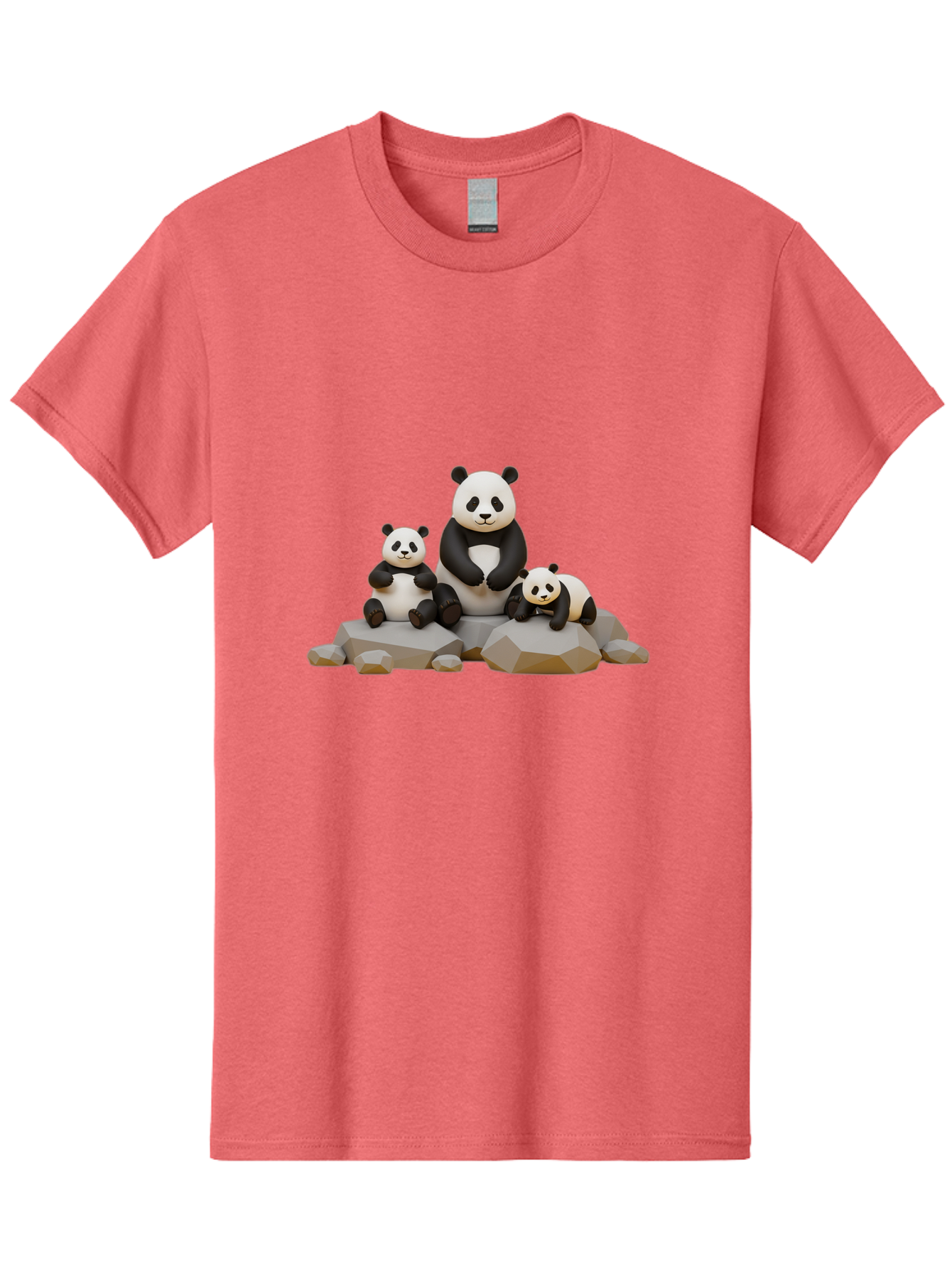 Three-Pandas Men'S Graphic Tee, 100% Cotton, Comfortable Casual Summer Wear, Machine Washable, Three Pandas Sitting On Rocks, Cute Pandas, Adorable Animals, Cartoon Style, 3D Rendering, Panda Family, Wildlife Illustration, Bae799