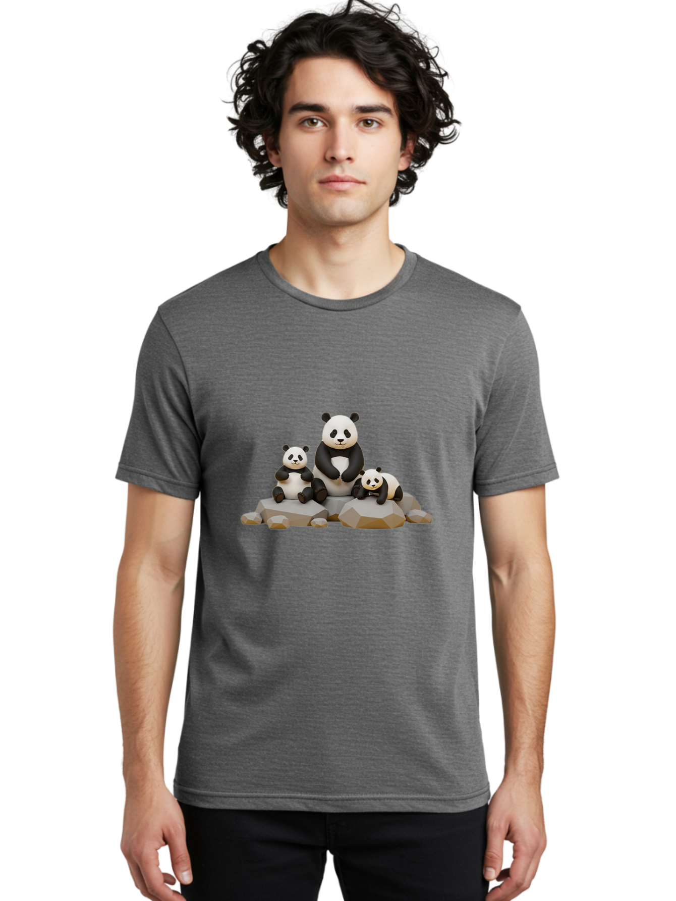 Three-Pandas Men'S Graphic Tee, 100% Cotton, Comfortable Casual Summer Wear, Machine Washable, Three Pandas Sitting On Rocks, Cute Pandas, Adorable Animals, Cartoon Style, 3D Rendering, Panda Family, Wildlife Illustration, Bae799