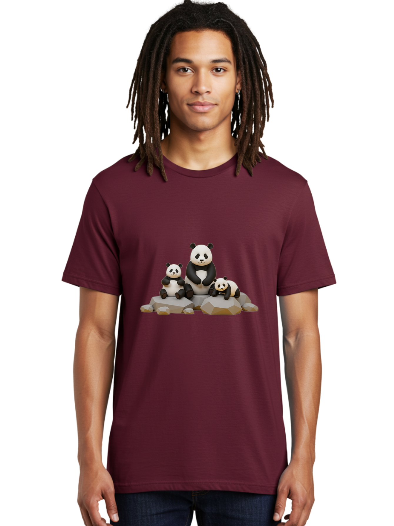 Three-Pandas Men'S Graphic Tee, 100% Cotton, Comfortable Casual Summer Wear, Machine Washable, Three Pandas Sitting On Rocks, Cute Pandas, Adorable Animals, Cartoon Style, 3D Rendering, Panda Family, Wildlife Illustration, Bae799