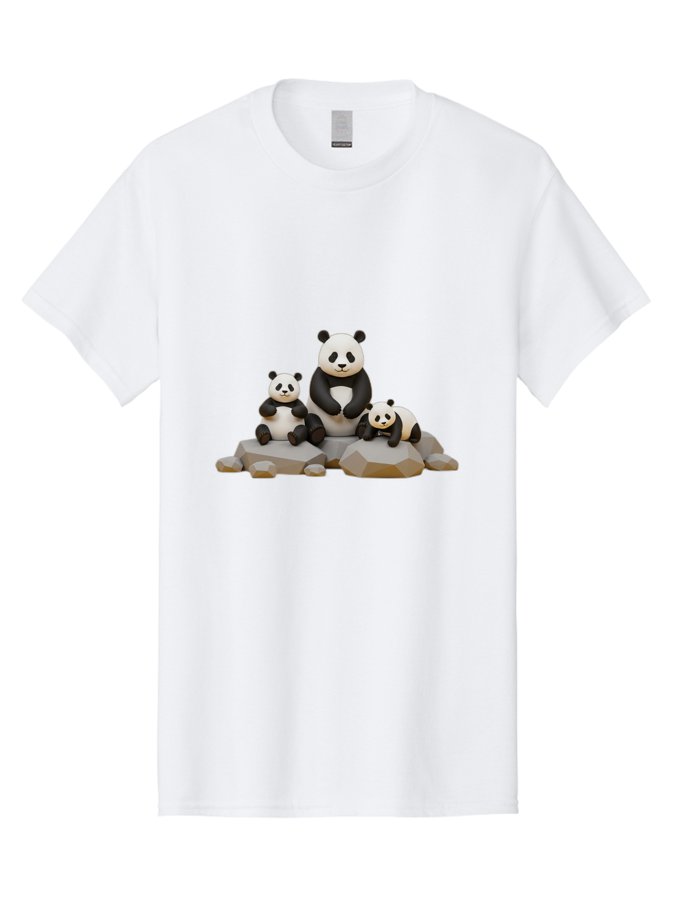Three-Pandas Men'S Graphic Tee, 100% Cotton, Comfortable Casual Summer Wear, Machine Washable, Three Pandas Sitting On Rocks, Cute Pandas, Adorable Animals, Cartoon Style, 3D Rendering, Panda Family, Wildlife Illustration, Bae799