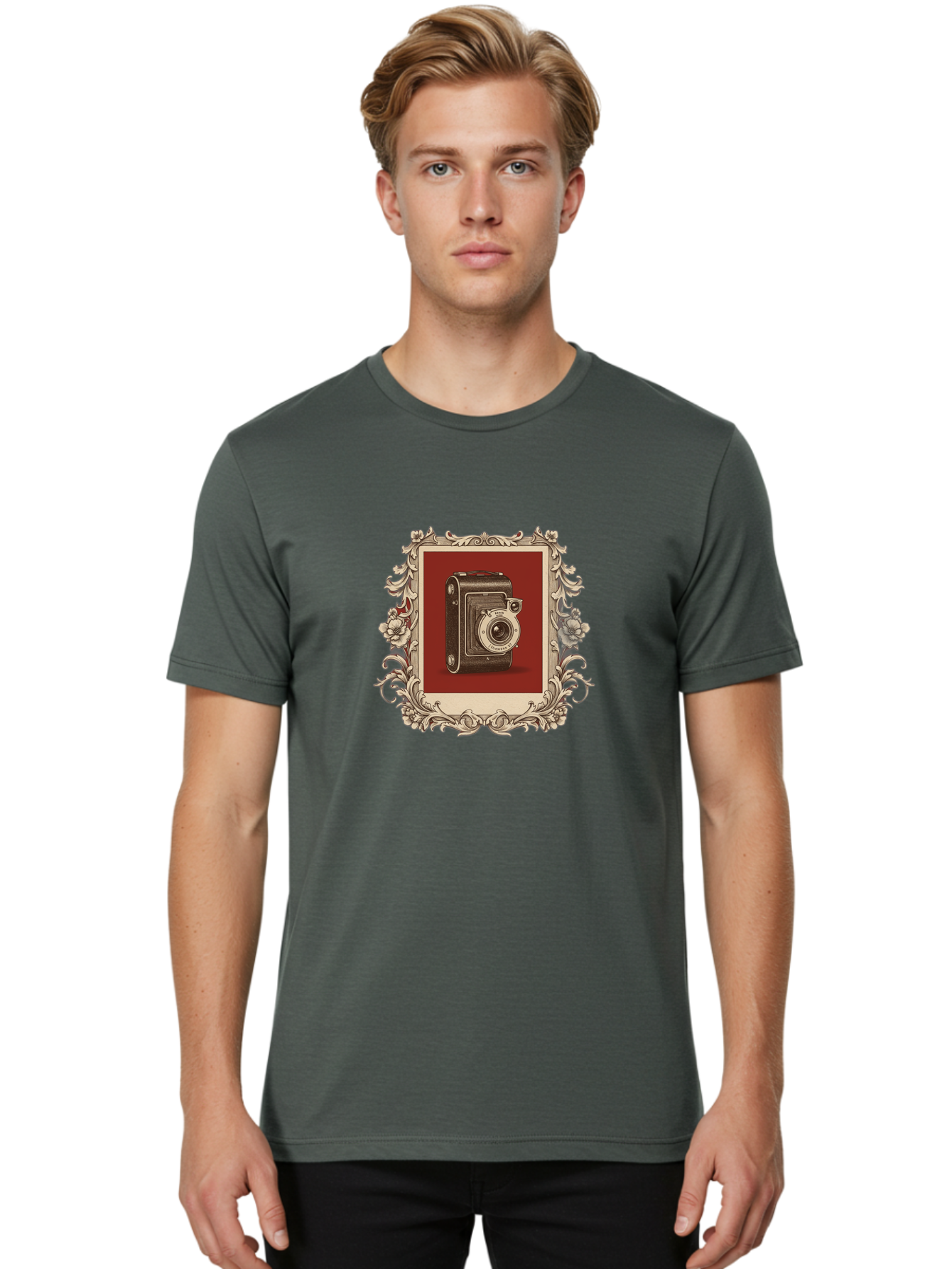 Vintage-Camera-1 Men'S Graphic Tee, 100% Cotton, Comfortable Casual Summer Wear, Machine Washable, Vintage Camera, Ornate Frame, Floral Design, Old-Fashioned Photography, Antique Style, Camera Equipment, Retro Aesthetic, Classic Lens Bae804