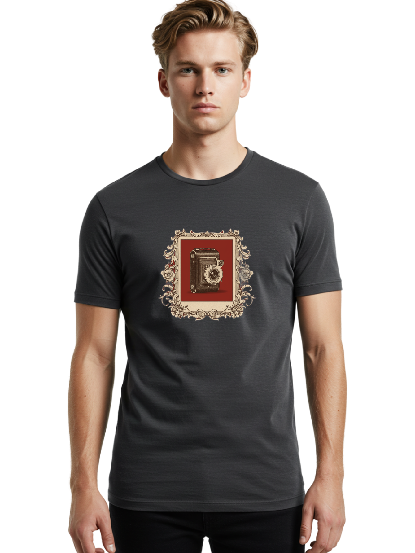 Vintage-Camera-1 Men'S Graphic Tee, 100% Cotton, Comfortable Casual Summer Wear, Machine Washable, Vintage Camera, Ornate Frame, Floral Design, Old-Fashioned Photography, Antique Style, Camera Equipment, Retro Aesthetic, Classic Lens Bae804