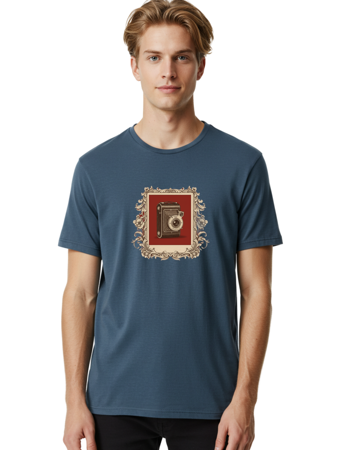 Vintage-Camera-1 Men'S Graphic Tee, 100% Cotton, Comfortable Casual Summer Wear, Machine Washable, Vintage Camera, Ornate Frame, Floral Design, Old-Fashioned Photography, Antique Style, Camera Equipment, Retro Aesthetic, Classic Lens Bae804