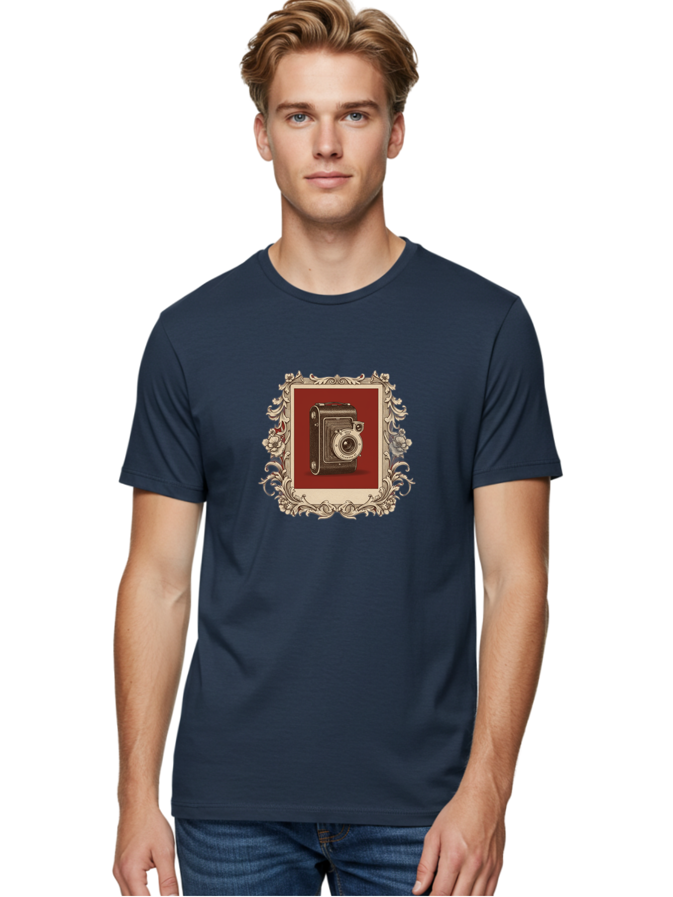 Vintage-Camera-1 Men'S Graphic Tee, 100% Cotton, Comfortable Casual Summer Wear, Machine Washable, Vintage Camera, Ornate Frame, Floral Design, Old-Fashioned Photography, Antique Style, Camera Equipment, Retro Aesthetic, Classic Lens Bae804