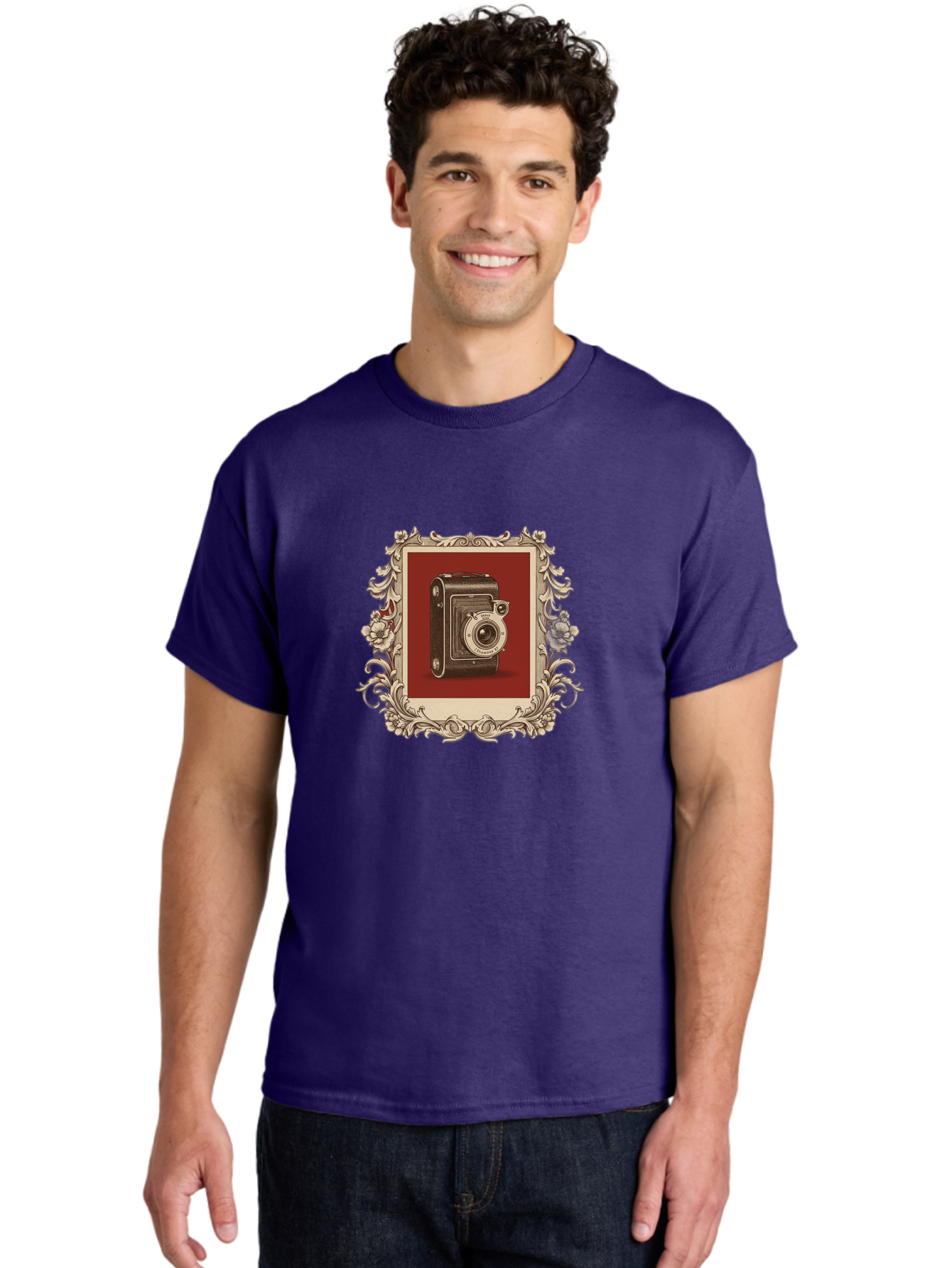 Vintage-Camera-1 Men'S Graphic Tee, 100% Cotton, Comfortable Casual Summer Wear, Machine Washable, Vintage Camera, Ornate Frame, Floral Design, Old-Fashioned Photography, Antique Style, Camera Equipment, Retro Aesthetic, Classic Lens Bae804