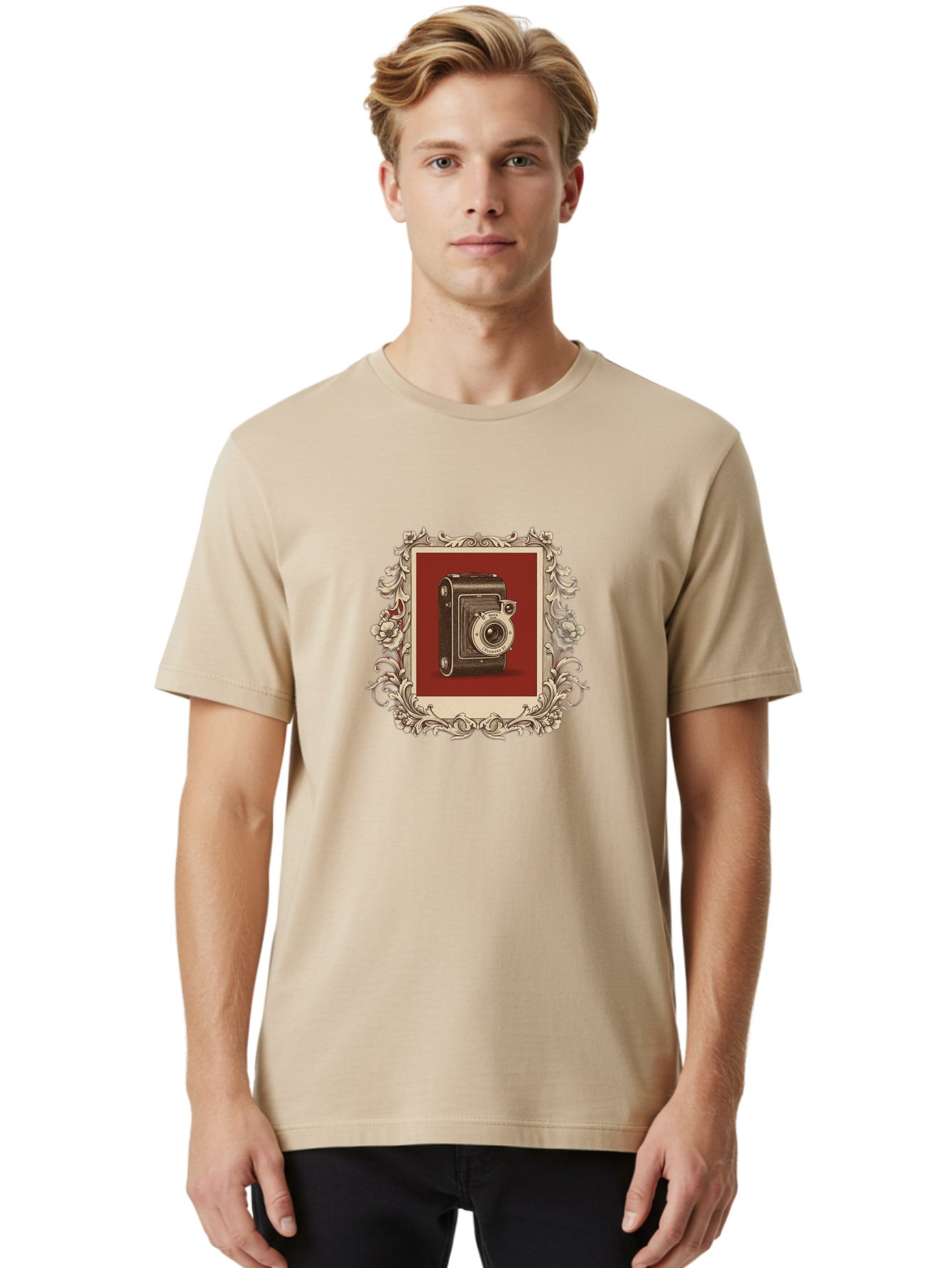 Vintage-Camera-1 Men'S Graphic Tee, 100% Cotton, Comfortable Casual Summer Wear, Machine Washable, Vintage Camera, Ornate Frame, Floral Design, Old-Fashioned Photography, Antique Style, Camera Equipment, Retro Aesthetic, Classic Lens Bae804
