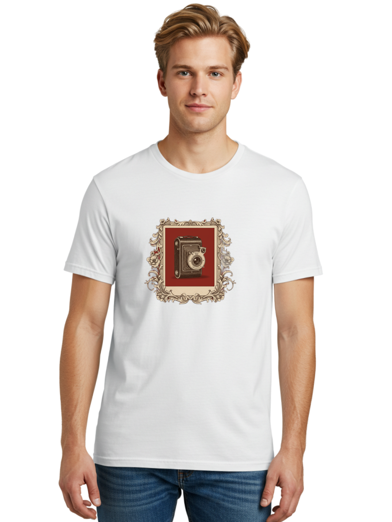 Vintage-Camera-1 Men'S Graphic Tee, 100% Cotton, Comfortable Casual Summer Wear, Machine Washable, Vintage Camera, Ornate Frame, Floral Design, Old-Fashioned Photography, Antique Style, Camera Equipment, Retro Aesthetic, Classic Lens Bae804