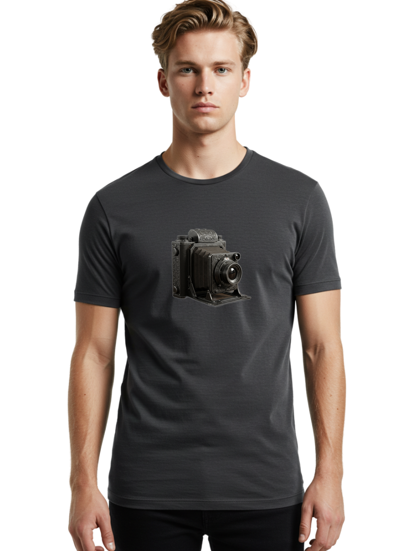 Vintage-Camera-6 Men'S Graphic Tee, 100% Cotton, Comfortable Casual Summer Wear, Machine Washable, Vintage Camera, Antique Photography, Classic Camera Design, Old-Fashioned Photography Equipment, Retro Camera, Historical Camera, Black Camera Bae810