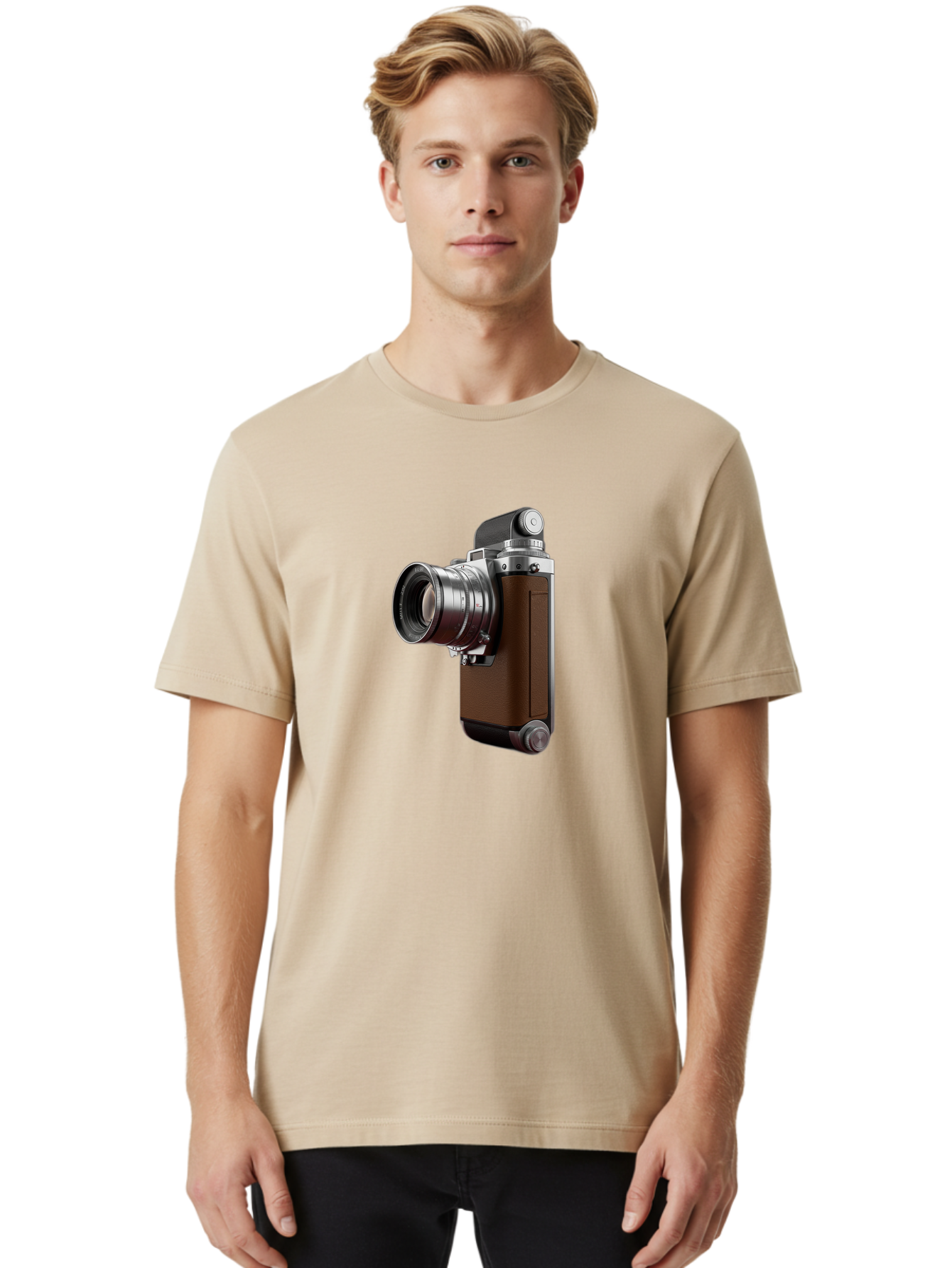 Vintage-Camera-8 Men'S Graphic Tee, 100% Cotton, Comfortable Casual Summer Wear, Machine Washable, Retro Camera, Old Photography Equipment, Classic Design, Film Camera, Lens, Brown Body, Silver Accents, Photography History, Nostalgic Feel, Bae812