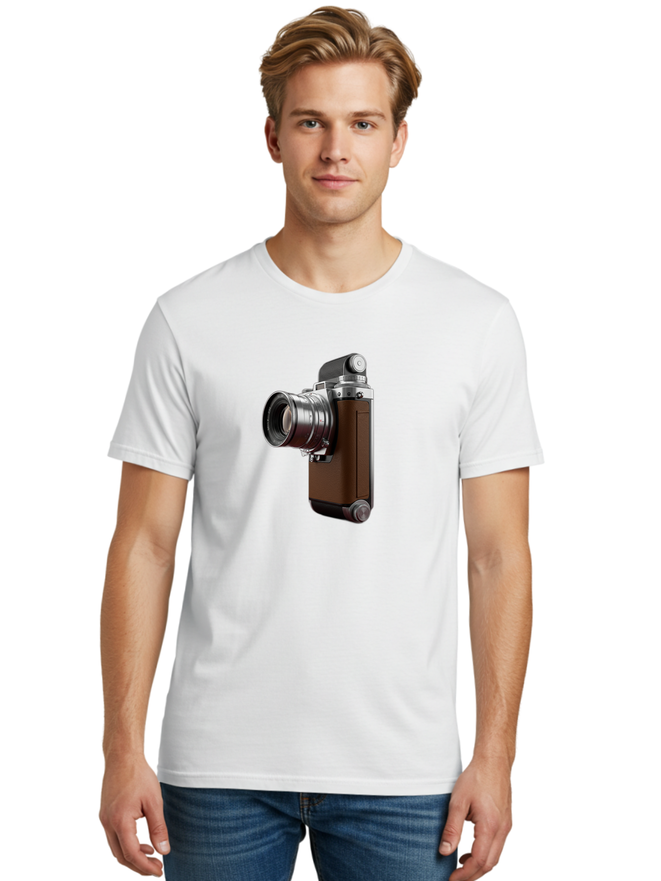Vintage-Camera-8 Men'S Graphic Tee, 100% Cotton, Comfortable Casual Summer Wear, Machine Washable, Retro Camera, Old Photography Equipment, Classic Design, Film Camera, Lens, Brown Body, Silver Accents, Photography History, Nostalgic Feel, Bae812