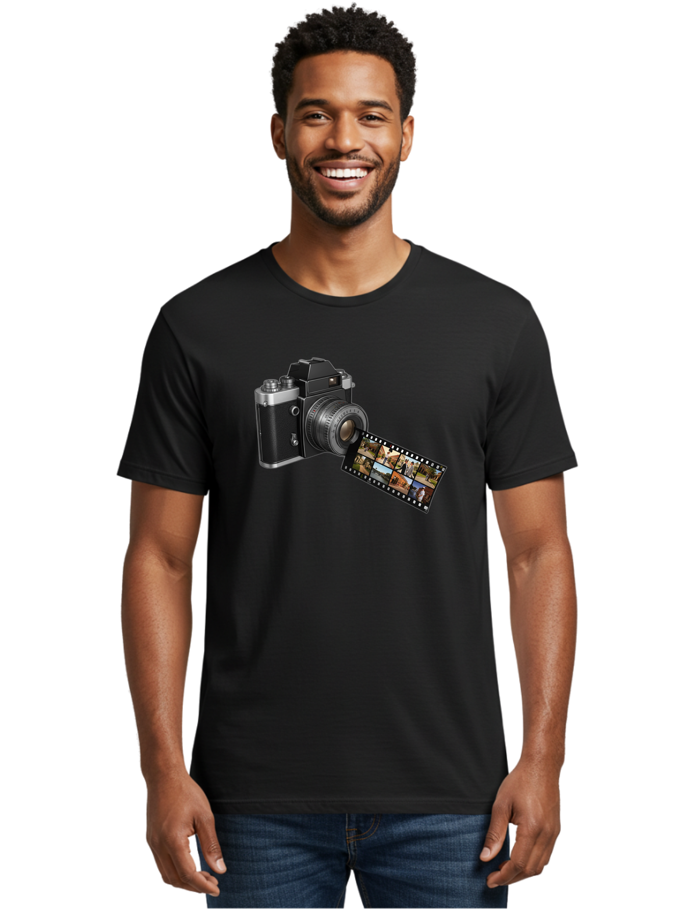 Vintage-Camera-With-Film-Strip Men'S Graphic Tee, 100% Cotton, Comfortable Casual Summer Wear, Machine Washable, Vintage Camera, Film Strip, Photography, Retro Style, Analog Photography, Camera Lens, Photographic Film, Travel Scenes, Bae814