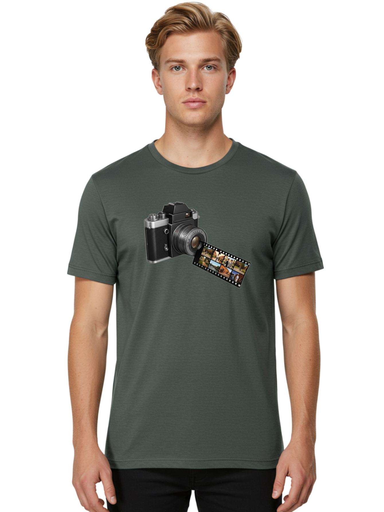 Vintage-Camera-With-Film-Strip Men'S Graphic Tee, 100% Cotton, Comfortable Casual Summer Wear, Machine Washable, Vintage Camera, Film Strip, Photography, Retro Style, Analog Photography, Camera Lens, Photographic Film, Travel Scenes, Bae814