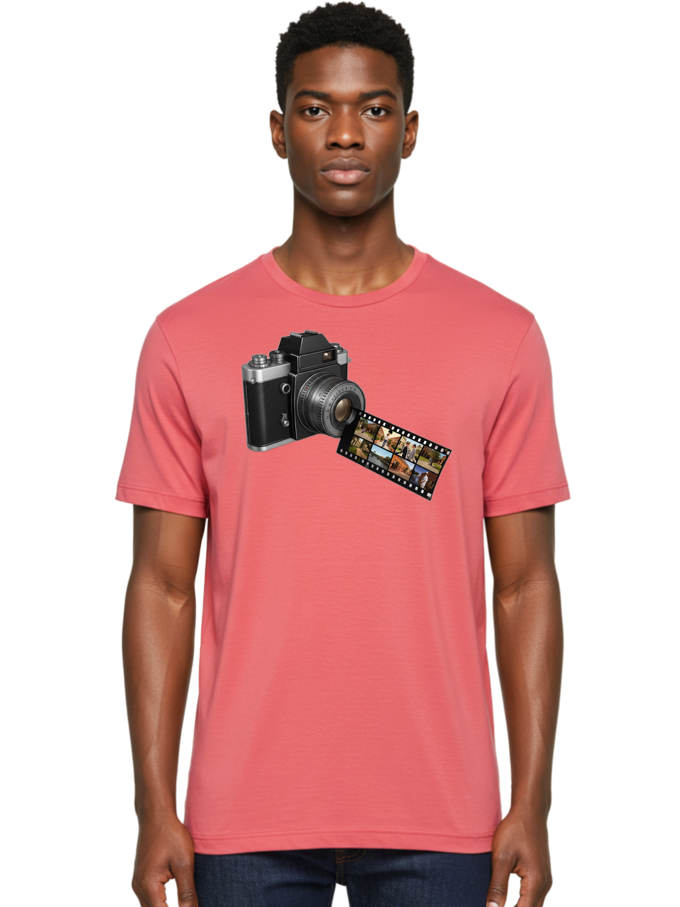 Vintage-Camera-With-Film-Strip Men'S Graphic Tee, 100% Cotton, Comfortable Casual Summer Wear, Machine Washable, Vintage Camera, Film Strip, Photography, Retro Style, Analog Photography, Camera Lens, Photographic Film, Travel Scenes, Bae814