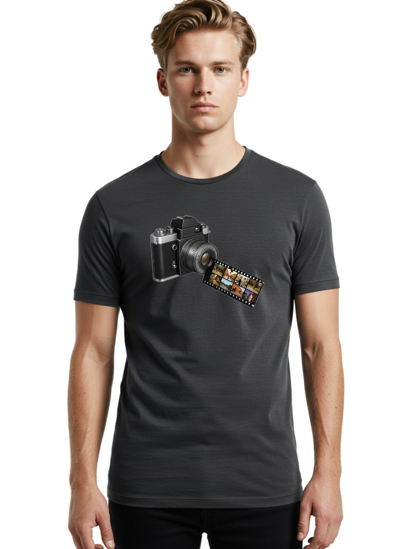 Vintage-Camera-With-Film-Strip Men'S Graphic Tee, 100% Cotton, Comfortable Casual Summer Wear, Machine Washable, Vintage Camera, Film Strip, Photography, Retro Style, Analog Photography, Camera Lens, Photographic Film, Travel Scenes, Bae814
