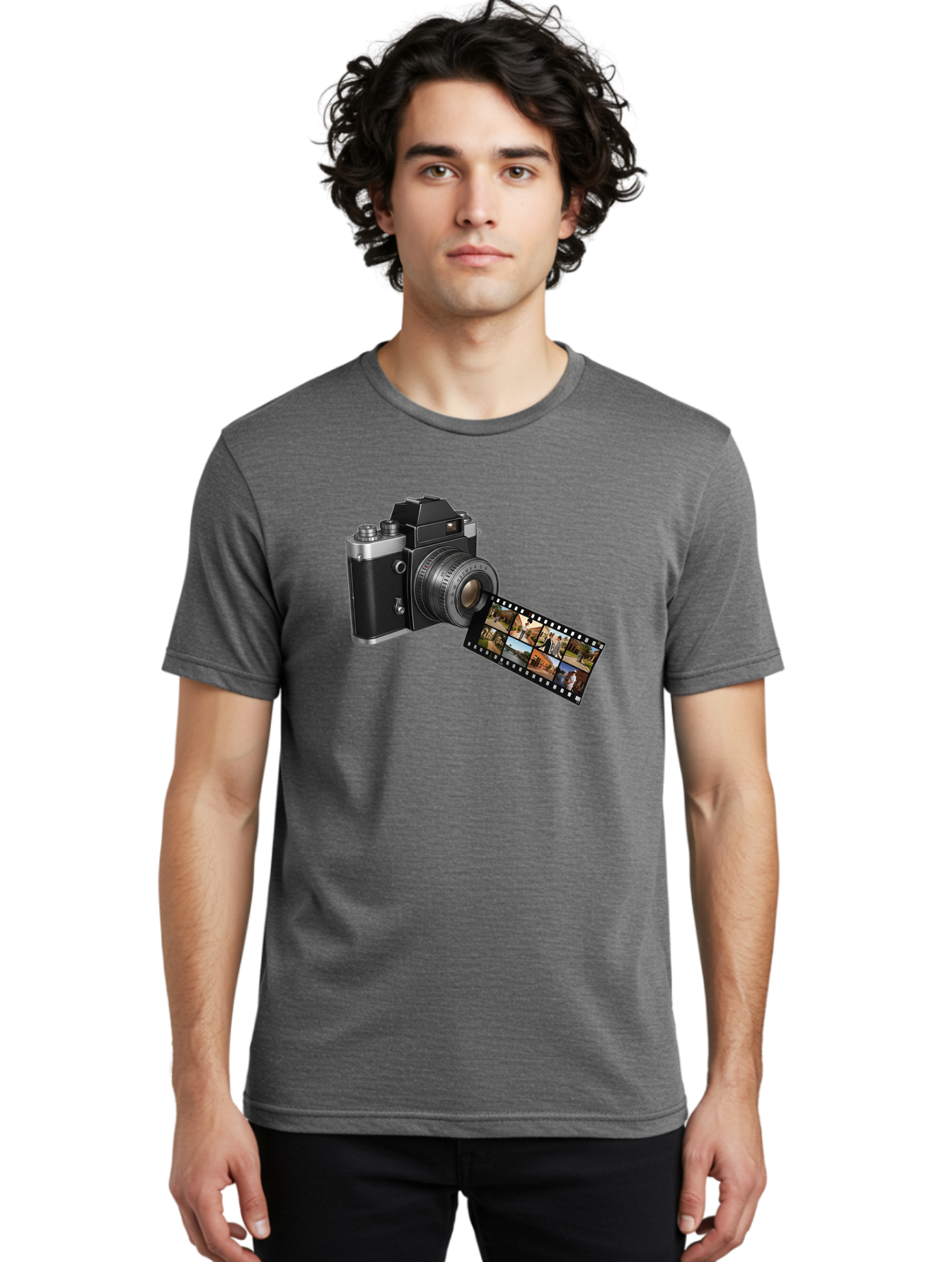 Vintage-Camera-With-Film-Strip Men'S Graphic Tee, 100% Cotton, Comfortable Casual Summer Wear, Machine Washable, Vintage Camera, Film Strip, Photography, Retro Style, Analog Photography, Camera Lens, Photographic Film, Travel Scenes, Bae814