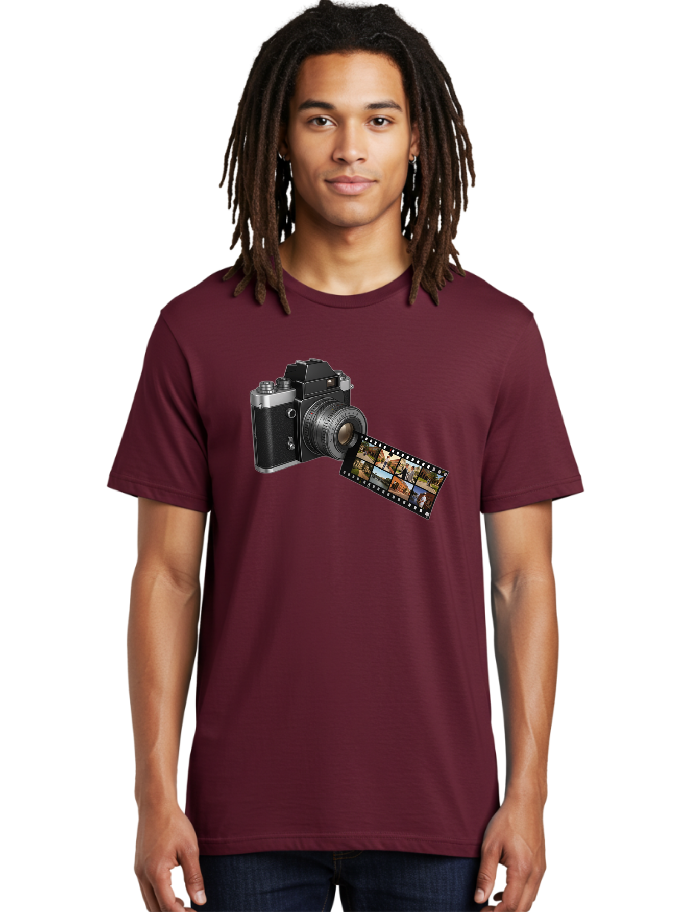 Vintage-Camera-With-Film-Strip Men'S Graphic Tee, 100% Cotton, Comfortable Casual Summer Wear, Machine Washable, Vintage Camera, Film Strip, Photography, Retro Style, Analog Photography, Camera Lens, Photographic Film, Travel Scenes, Bae814