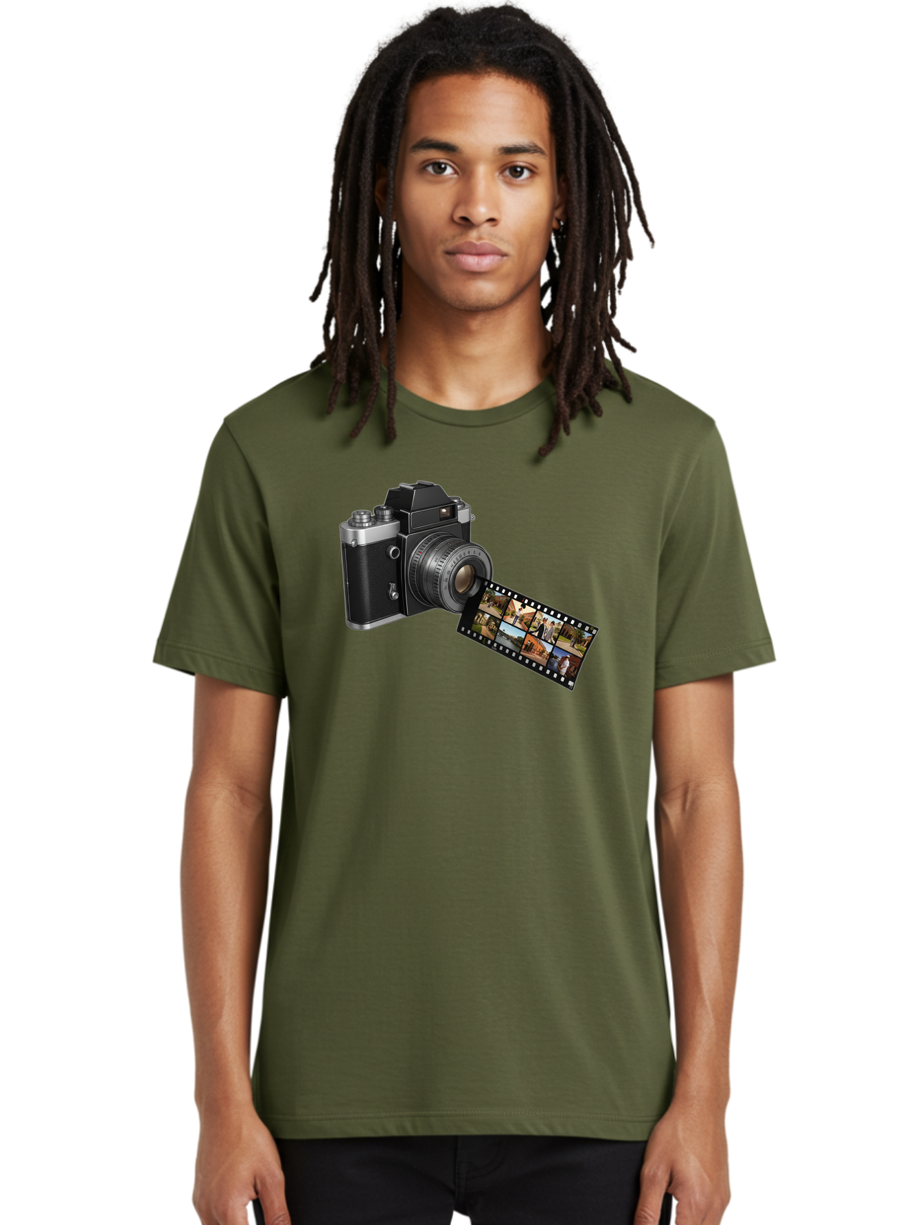 Vintage-Camera-With-Film-Strip Men'S Graphic Tee, 100% Cotton, Comfortable Casual Summer Wear, Machine Washable, Vintage Camera, Film Strip, Photography, Retro Style, Analog Photography, Camera Lens, Photographic Film, Travel Scenes, Bae814