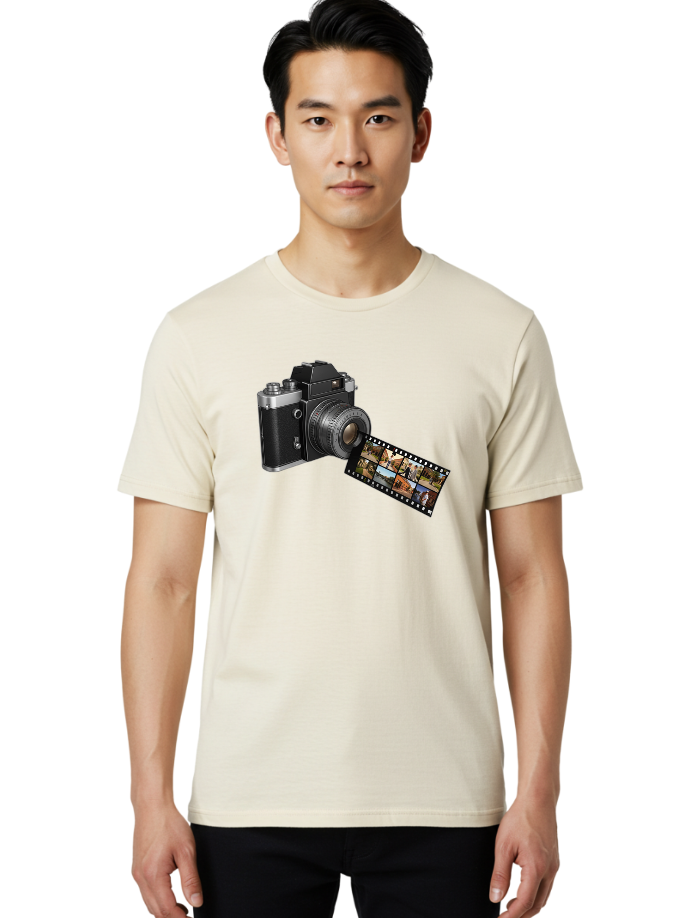 Vintage-Camera-With-Film-Strip Men'S Graphic Tee, 100% Cotton, Comfortable Casual Summer Wear, Machine Washable, Vintage Camera, Film Strip, Photography, Retro Style, Analog Photography, Camera Lens, Photographic Film, Travel Scenes, Bae814