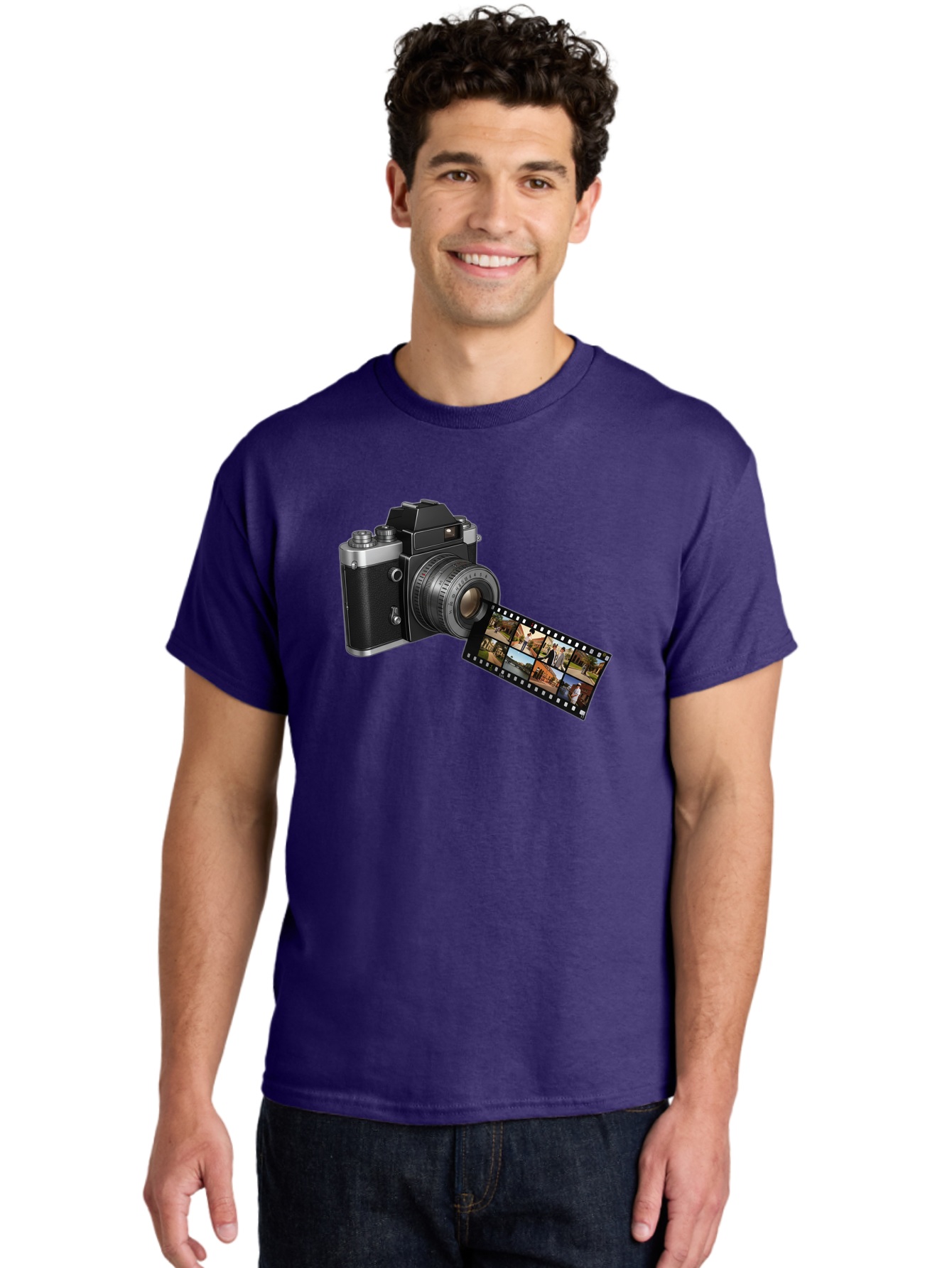 Vintage-Camera-With-Film-Strip Men'S Graphic Tee, 100% Cotton, Comfortable Casual Summer Wear, Machine Washable, Vintage Camera, Film Strip, Photography, Retro Style, Analog Photography, Camera Lens, Photographic Film, Travel Scenes, Bae814