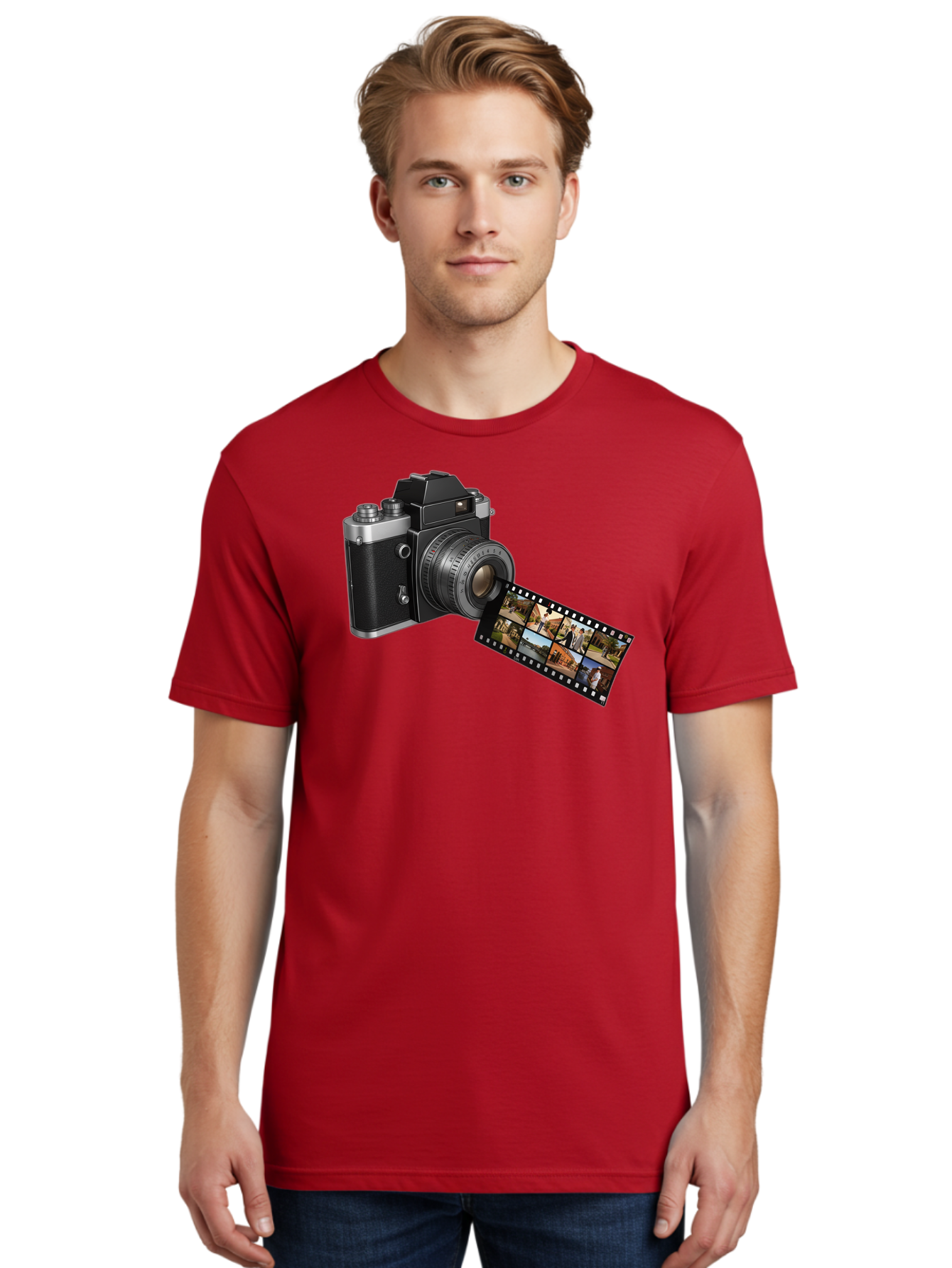 Vintage-Camera-With-Film-Strip Men'S Graphic Tee, 100% Cotton, Comfortable Casual Summer Wear, Machine Washable, Vintage Camera, Film Strip, Photography, Retro Style, Analog Photography, Camera Lens, Photographic Film, Travel Scenes, Bae814