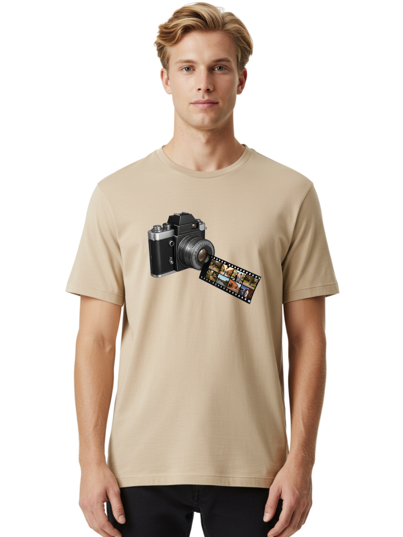 Vintage-Camera-With-Film-Strip Men'S Graphic Tee, 100% Cotton, Comfortable Casual Summer Wear, Machine Washable, Vintage Camera, Film Strip, Photography, Retro Style, Analog Photography, Camera Lens, Photographic Film, Travel Scenes, Bae814