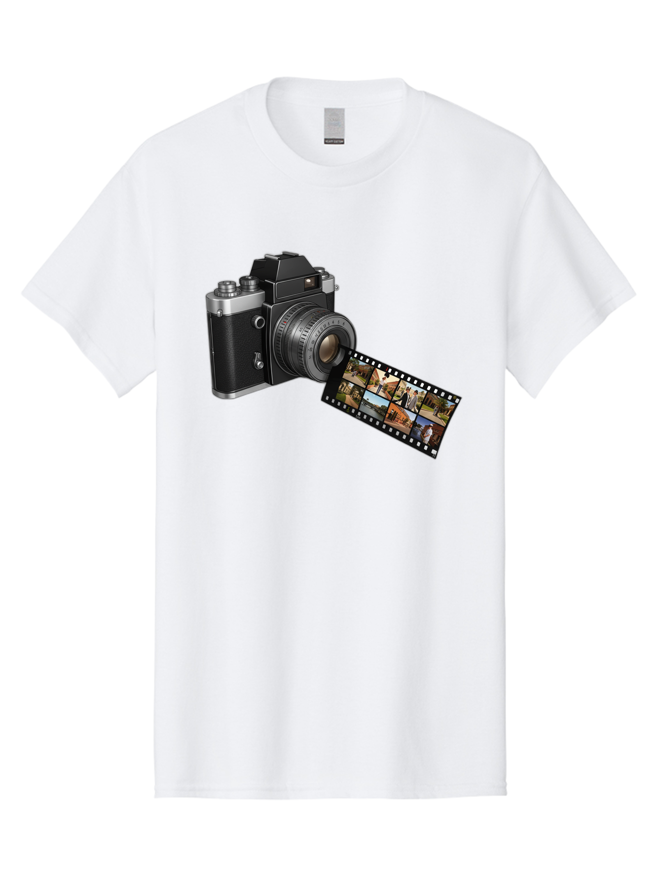 Vintage-Camera-With-Film-Strip Men'S Graphic Tee, 100% Cotton, Comfortable Casual Summer Wear, Machine Washable, Vintage Camera, Film Strip, Photography, Retro Style, Analog Photography, Camera Lens, Photographic Film, Travel Scenes, Bae814