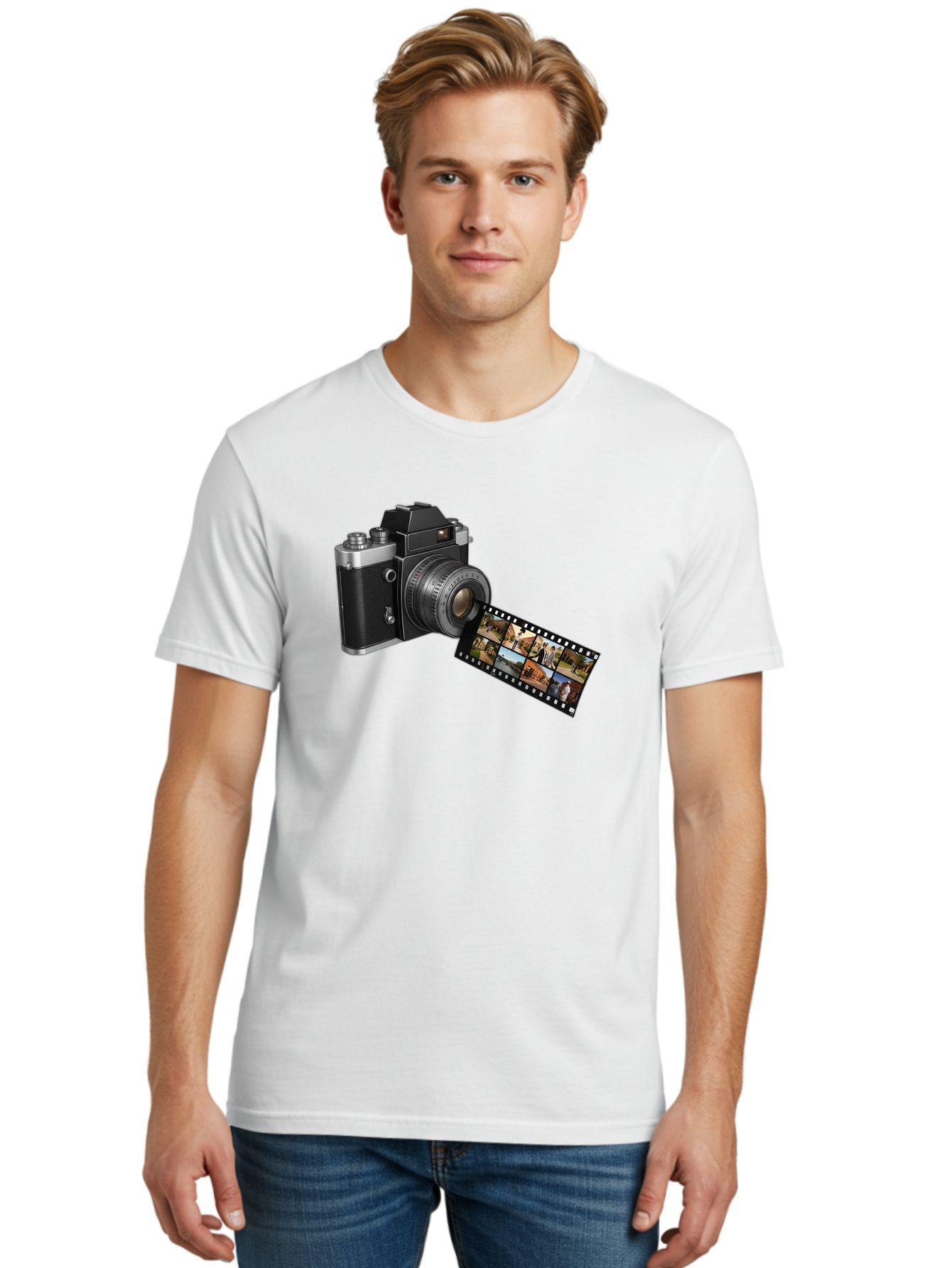 Vintage-Camera-With-Film-Strip Men'S Graphic Tee, 100% Cotton, Comfortable Casual Summer Wear, Machine Washable, Vintage Camera, Film Strip, Photography, Retro Style, Analog Photography, Camera Lens, Photographic Film, Travel Scenes, Bae814
