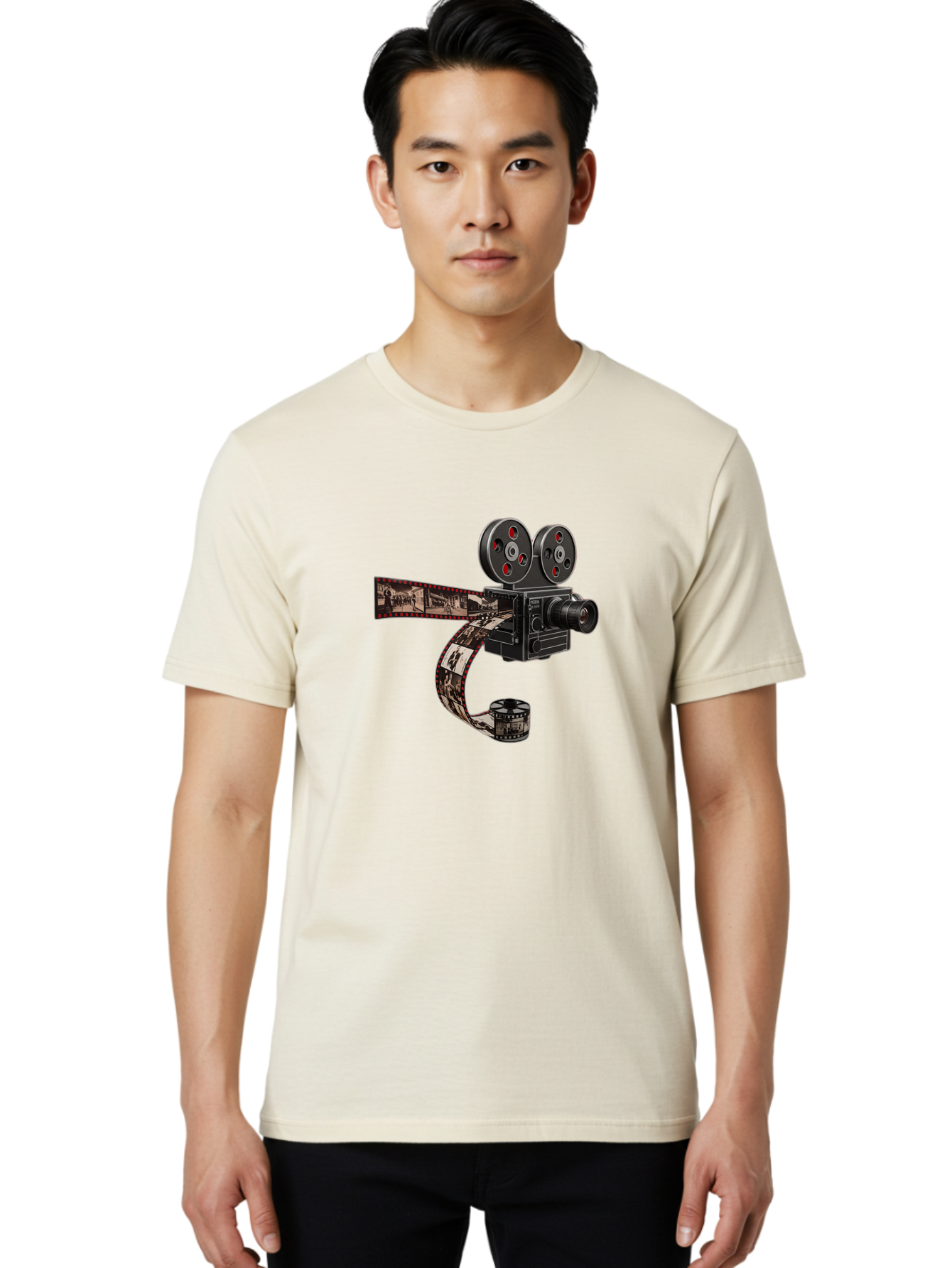 Vintage-Film-Camera Men'S Graphic Tee, 100% Cotton, Comfortable Casual Summer Wear, Machine Washable, Vintage Film Camera, Classic Cinematography, Film Reel, Movie Making, Film Strip, Black And White Images, Retro Photography, Cinematic Style Bae816
