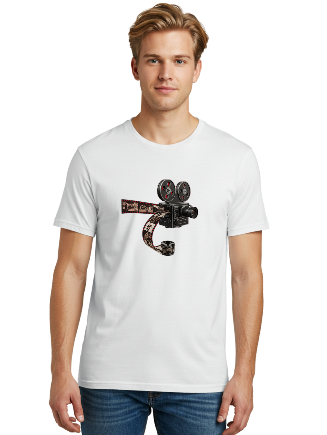 Vintage-Film-Camera Men'S Graphic Tee, 100% Cotton, Comfortable Casual Summer Wear, Machine Washable, Vintage Film Camera, Classic Cinematography, Film Reel, Movie Making, Film Strip, Black And White Images, Retro Photography, Cinematic Style Bae816