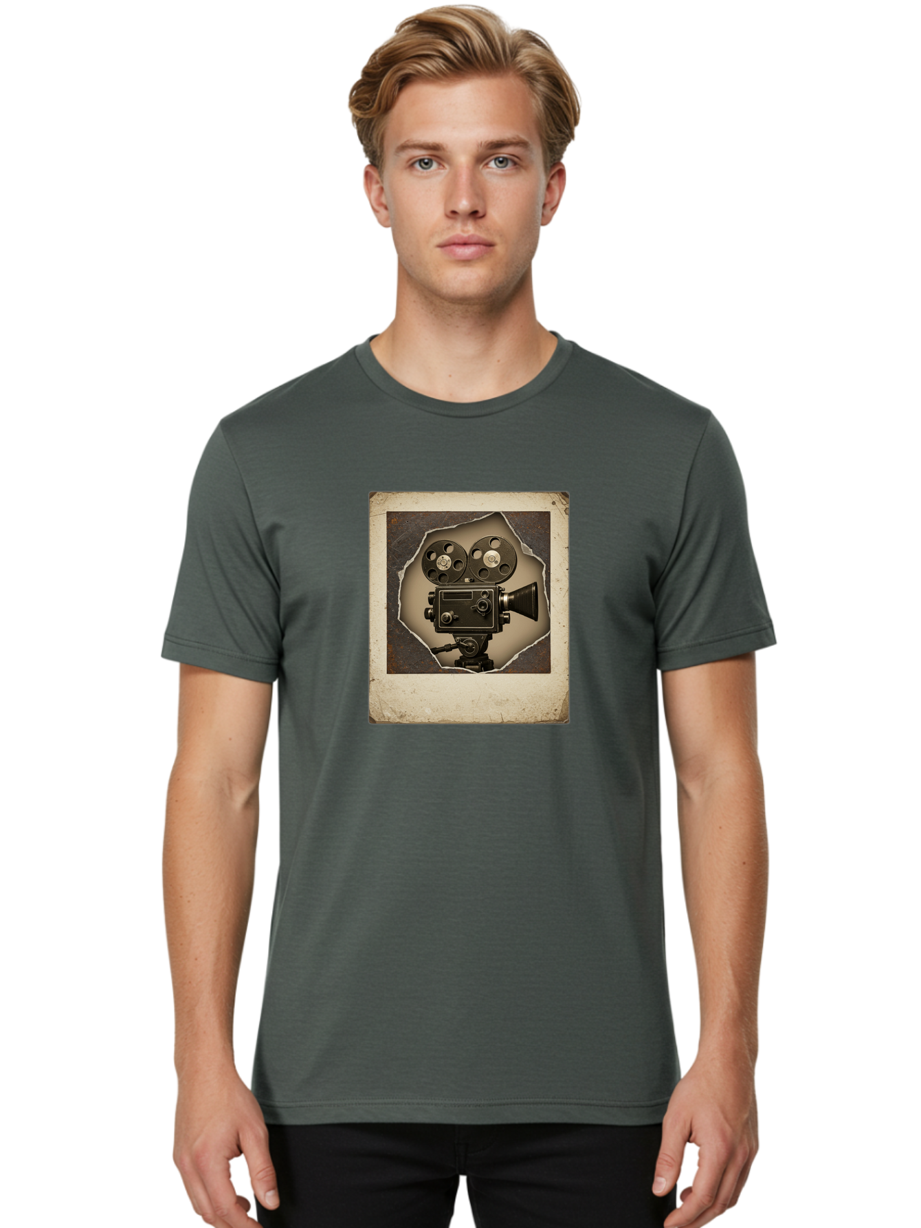 Vintage-Movie-Camera Men'S Graphic Tee, 100% Cotton, Comfortable Casual Summer Wear, Machine Washable, Vintage Movie Camera, Film Reels, Retro Filmmaking, Cinematography, Nostalgic, Classic Cinema, Old Movie Equipment, Filmmaking Accessories Bae817