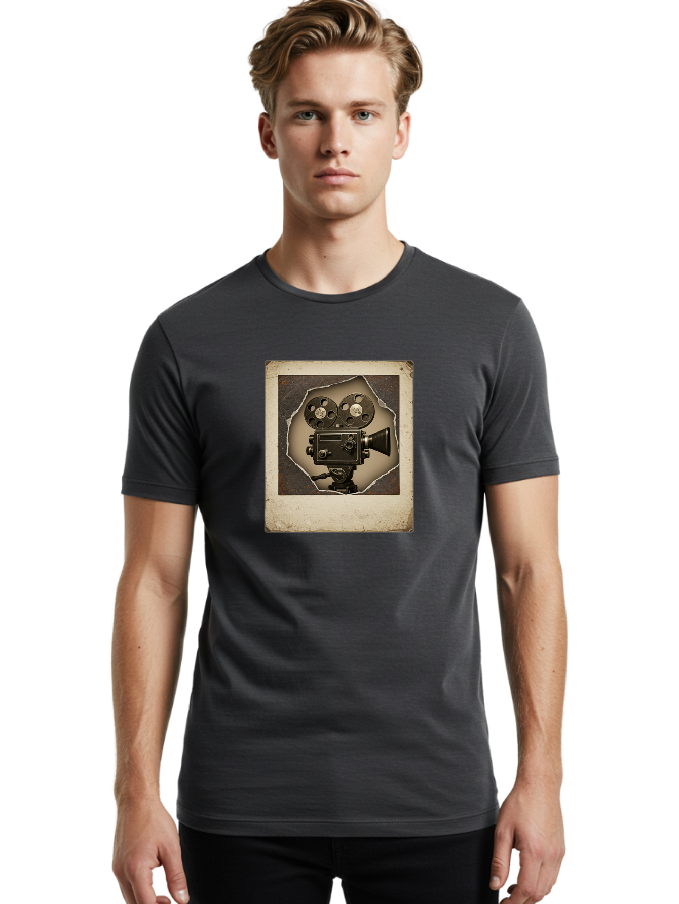 Vintage-Movie-Camera Men'S Graphic Tee, 100% Cotton, Comfortable Casual Summer Wear, Machine Washable, Vintage Movie Camera, Film Reels, Retro Filmmaking, Cinematography, Nostalgic, Classic Cinema, Old Movie Equipment, Filmmaking Accessories Bae817