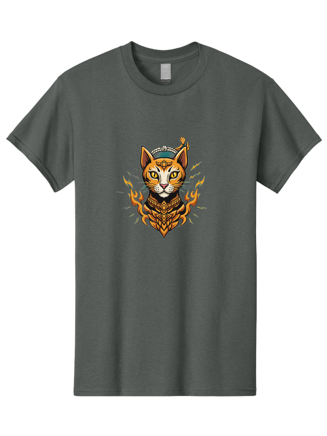 Warrior-Cat-Head Men'S Graphic Tee, 100% Cotton, Comfortable Casual Summer Wear, Machine Washable, Cat With Golden Armor, Warrior Cat, Fantasy Animal, Fierce Expression, Intense Gaze, Sword On Head, Flames, Mystical, Mythical Creature, Bae818