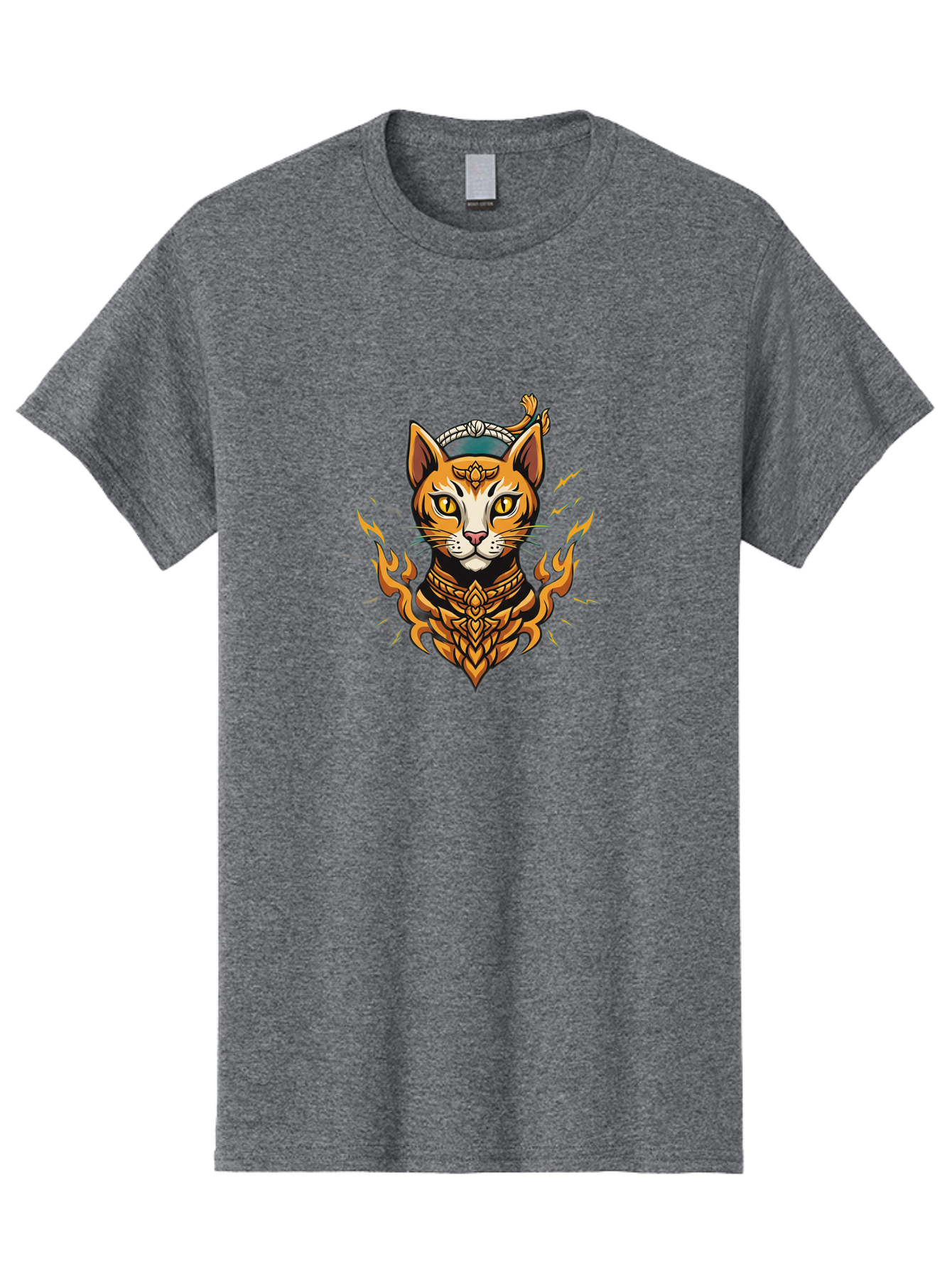 Warrior-Cat-Head Men'S Graphic Tee, 100% Cotton, Comfortable Casual Summer Wear, Machine Washable, Cat With Golden Armor, Warrior Cat, Fantasy Animal, Fierce Expression, Intense Gaze, Sword On Head, Flames, Mystical, Mythical Creature, Bae818